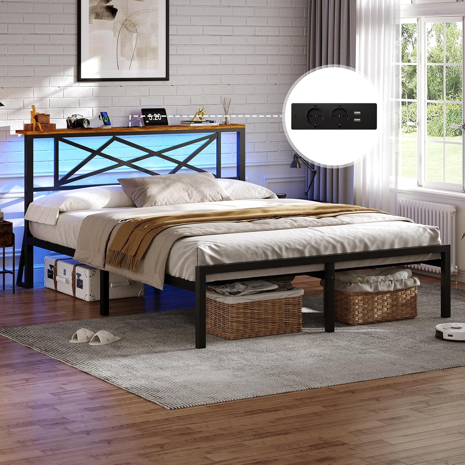 DICTAC - Lit LED vintage/noir 120x200cm, ports USB, rangement, DICTAC