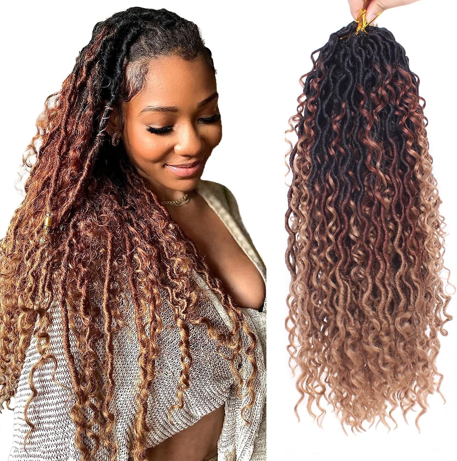 Xtrend - River Faux Locs 18 pouces - 3 tons, 14 brins, bouclés, crochet - 1B3027#