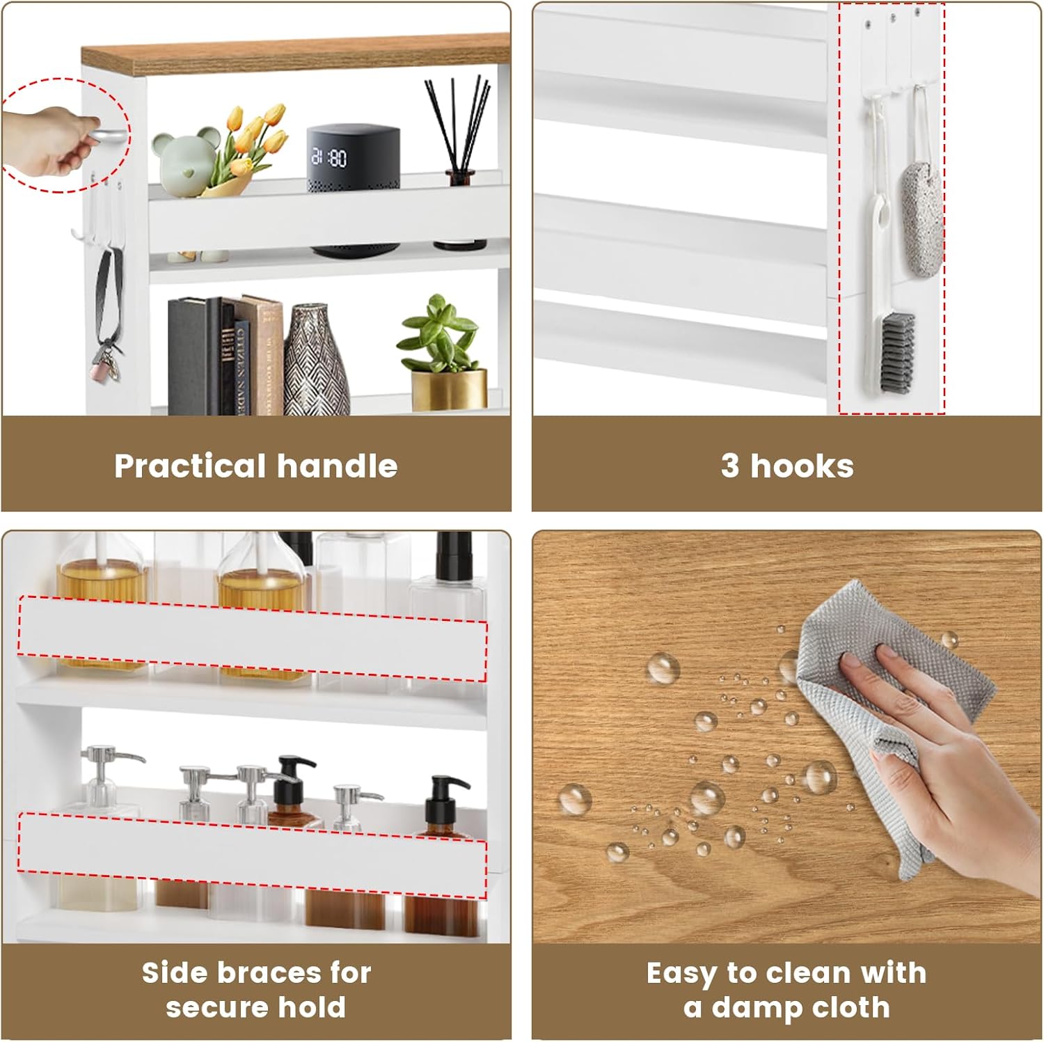 Desserte à roulettes - chariot 4 niveaux, 40x15x80 cm, bois clair et blanc