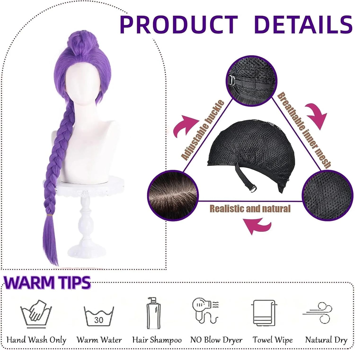 Perruque cosplay femme - perruque violette tressée - taille unique - déguisement K-pop, Halloween, Carnaval, cadeau fans