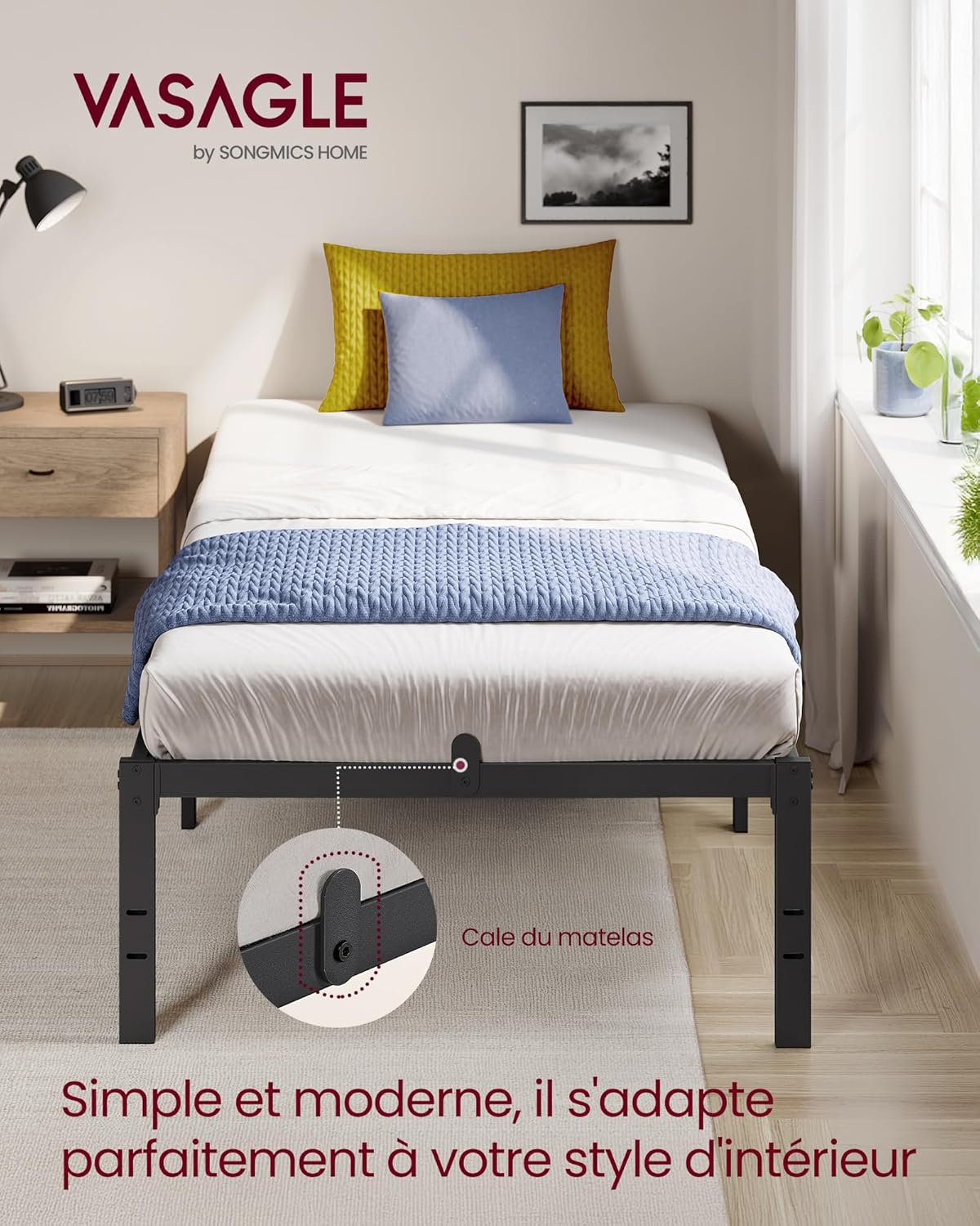 VASAGLE - cadre de lit moderne 90x190cm métal rangement facile RMB151BD01