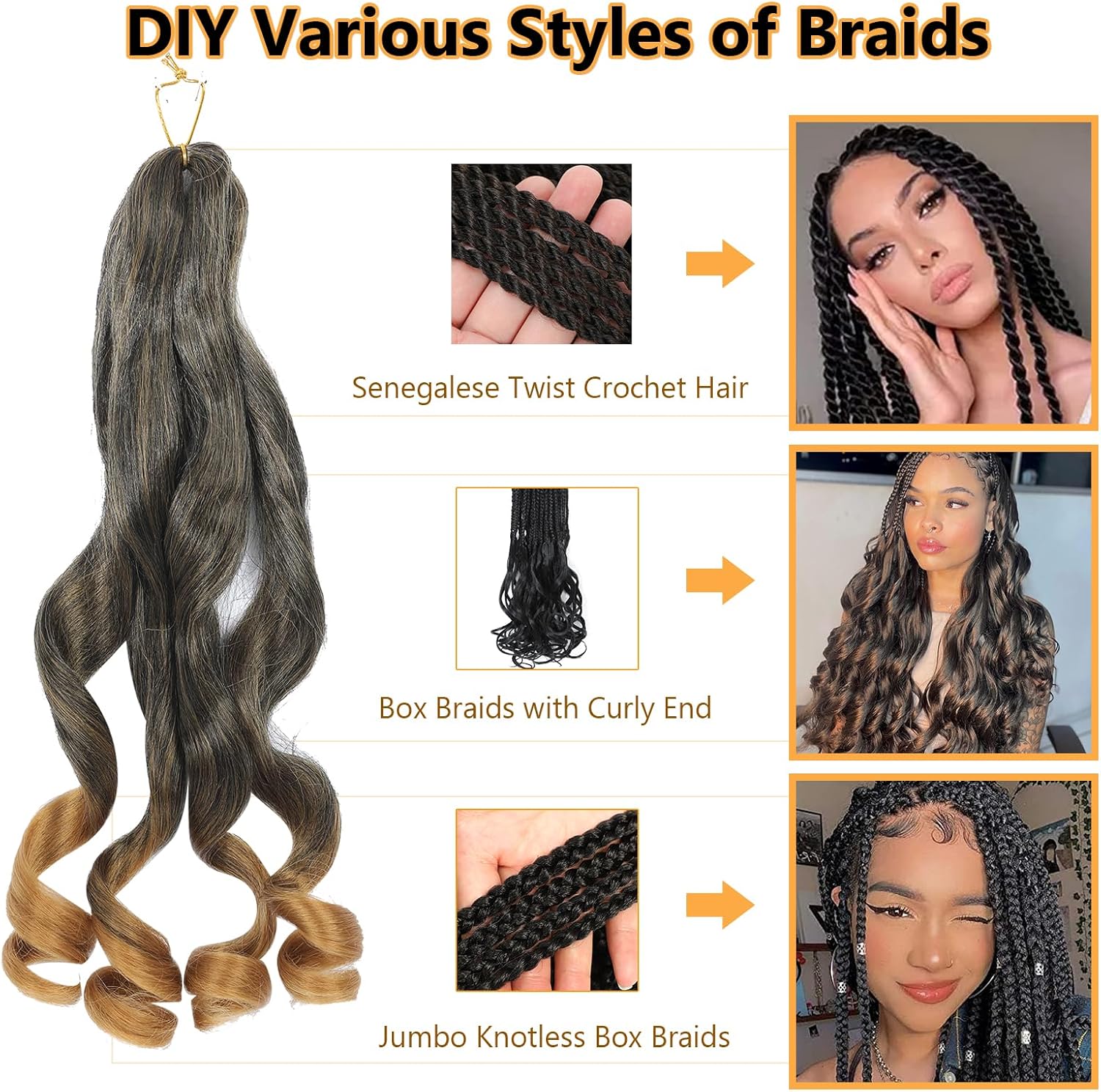 French Curl Braids - rajout cheveux tresses 56cm - 8 paquets, boucles wavy, 1B/27