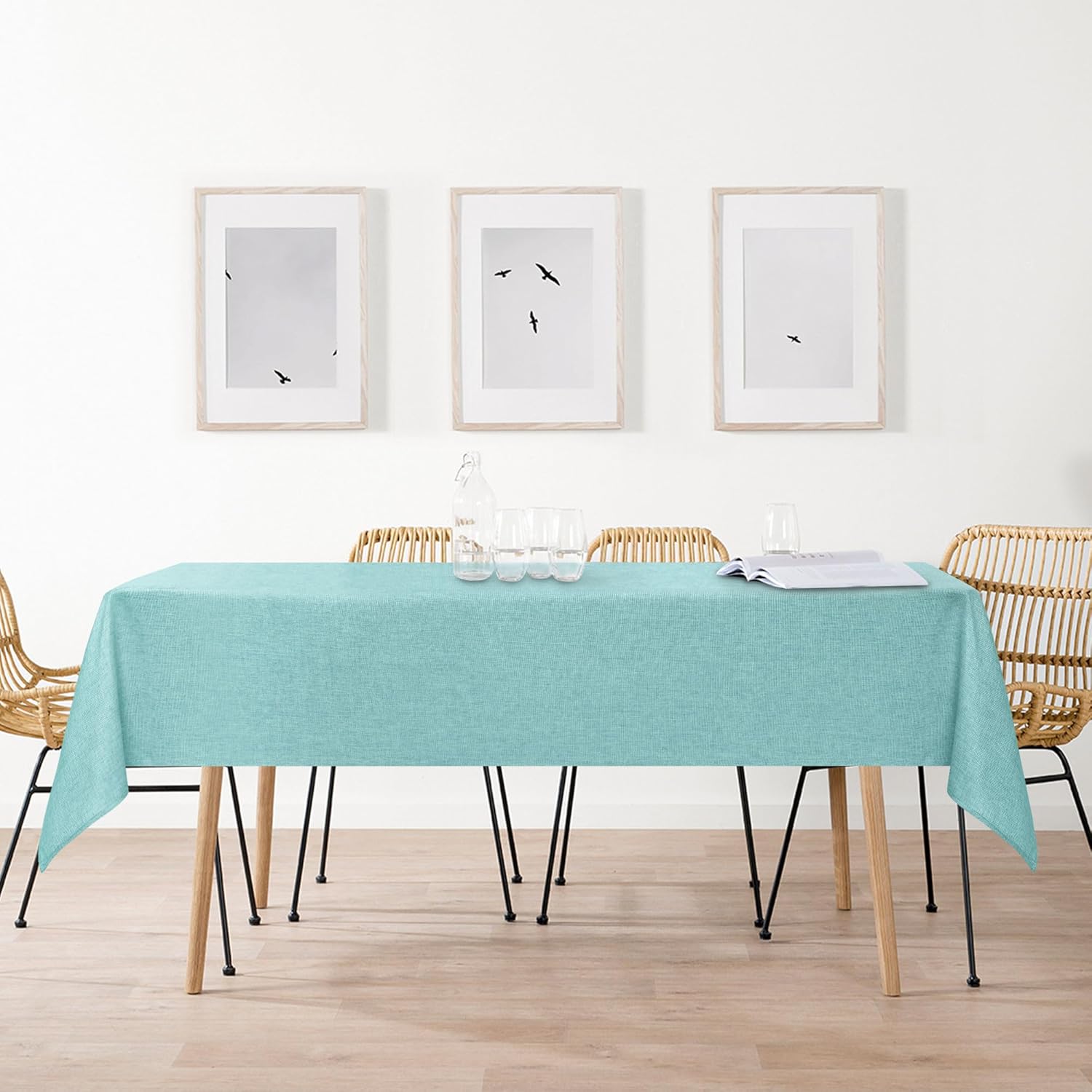 DWCN - Aqua Bleu nappe imperméable effet lin 135x135cm anti-tache