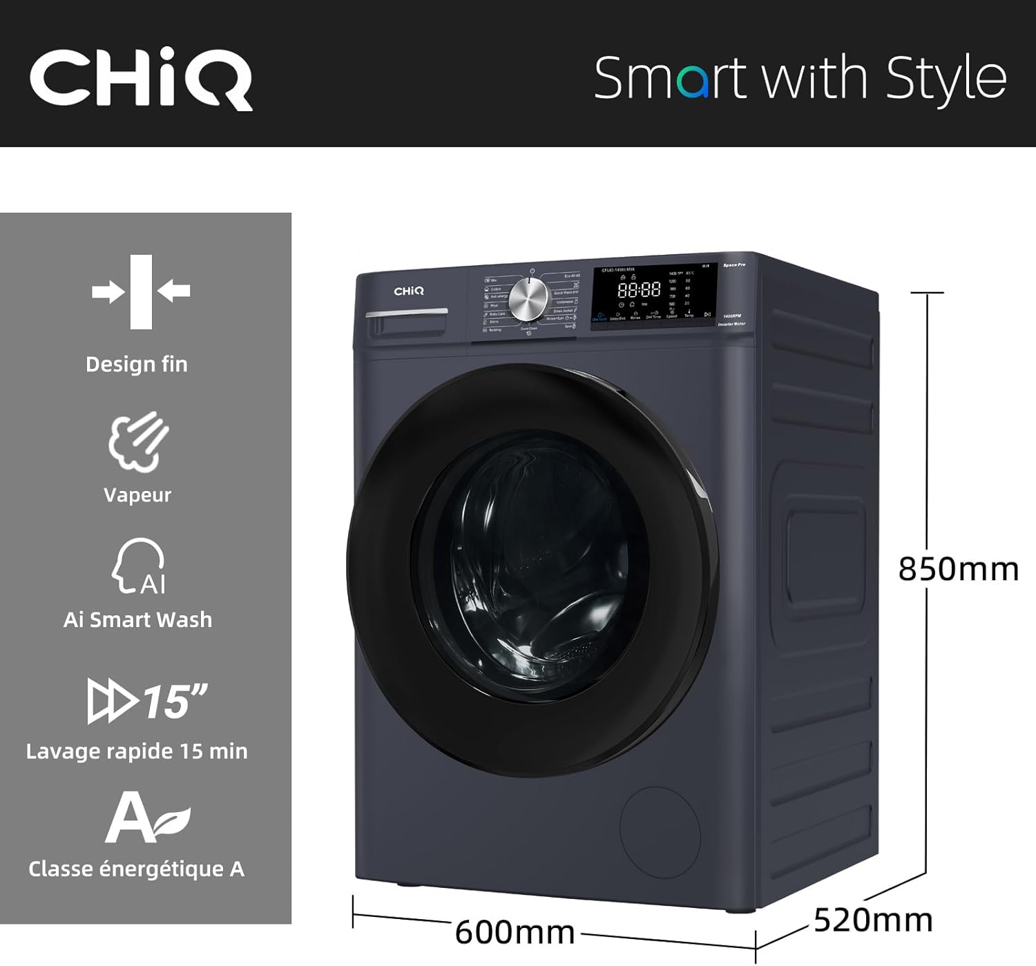 CHiQ - Lave-linge frontal 8 kg, 1400 tr/min, vapeur, IA, CFL80-14586IM3XA