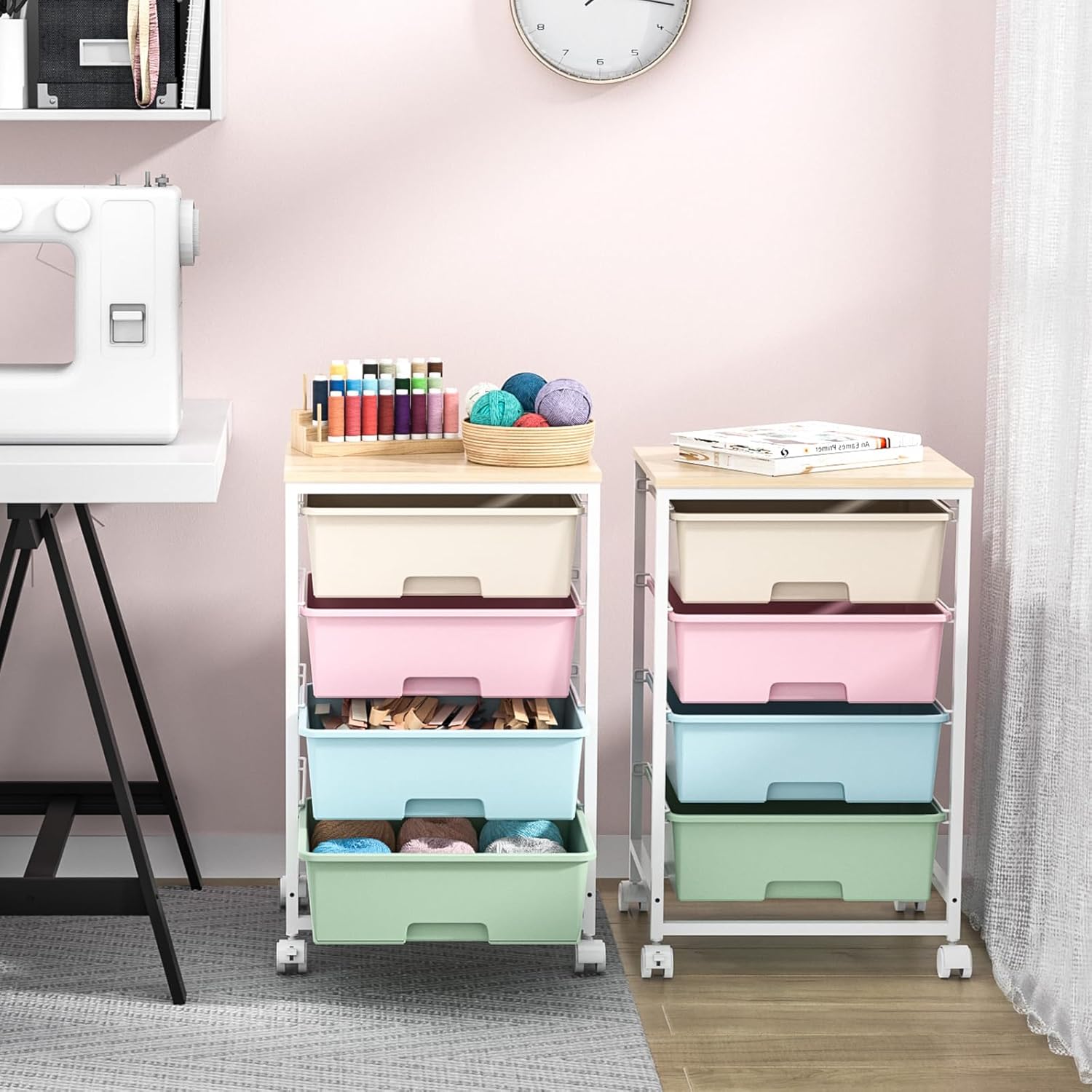 Chariot de rangement - 4 tiroirs, roulettes, plateau bois, grande capacité, multicolore - idéal cuisine/salon/chambre