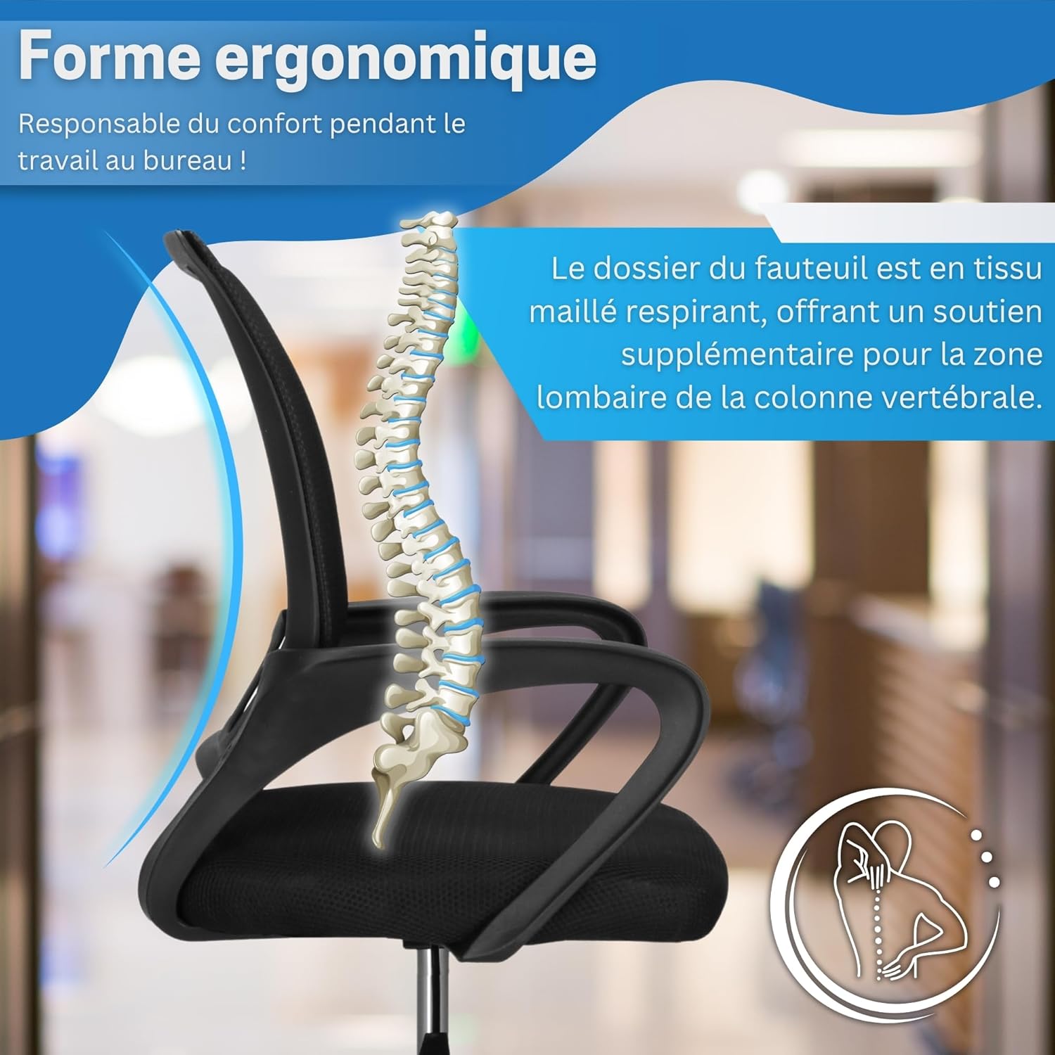 SPRINGOS - chaise de bureau réglable - ergonomie tissu micro-rapide, pied chromé, roulettes silicone, max 120kg