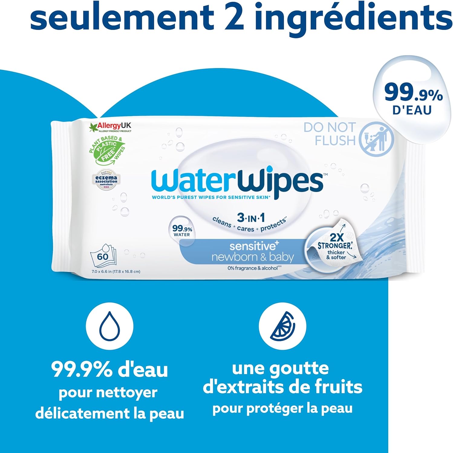 WaterWipes - Sensitive+ - 360 unités - 99,9% eau, non parfumé, 3-en-1