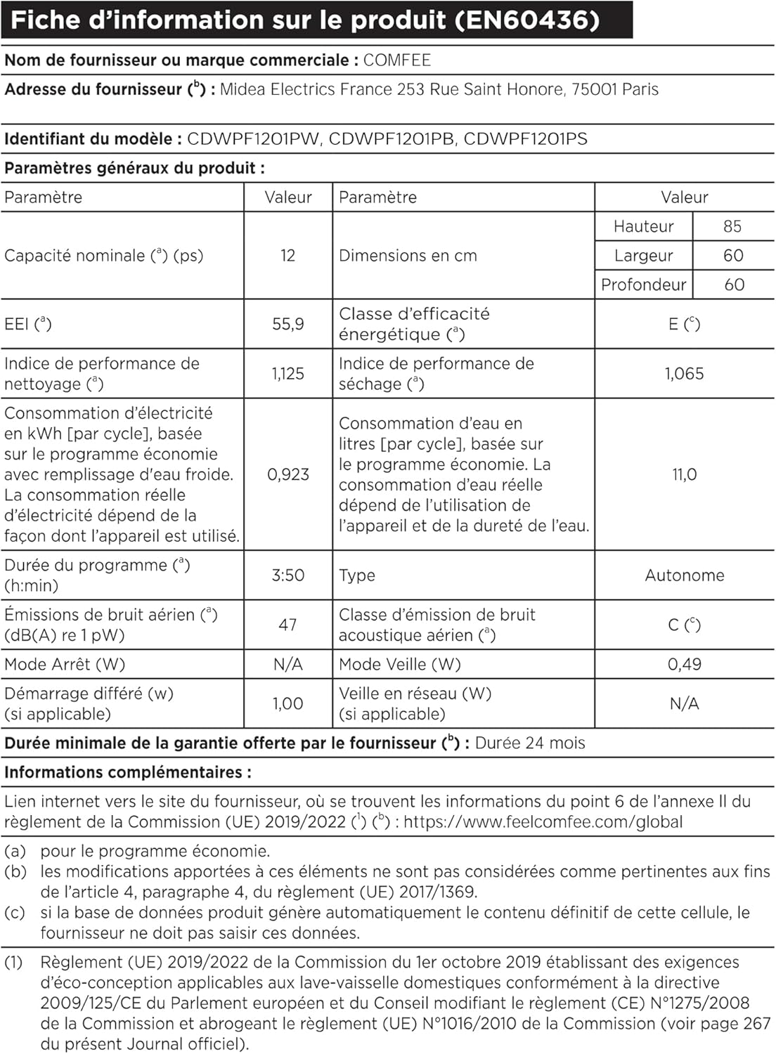 COMFEE' - lave-vaisselle série Pose Libre - 60 cm - 12 couverts, départ différé, demi-charge, paniers flexibles, inox, 4