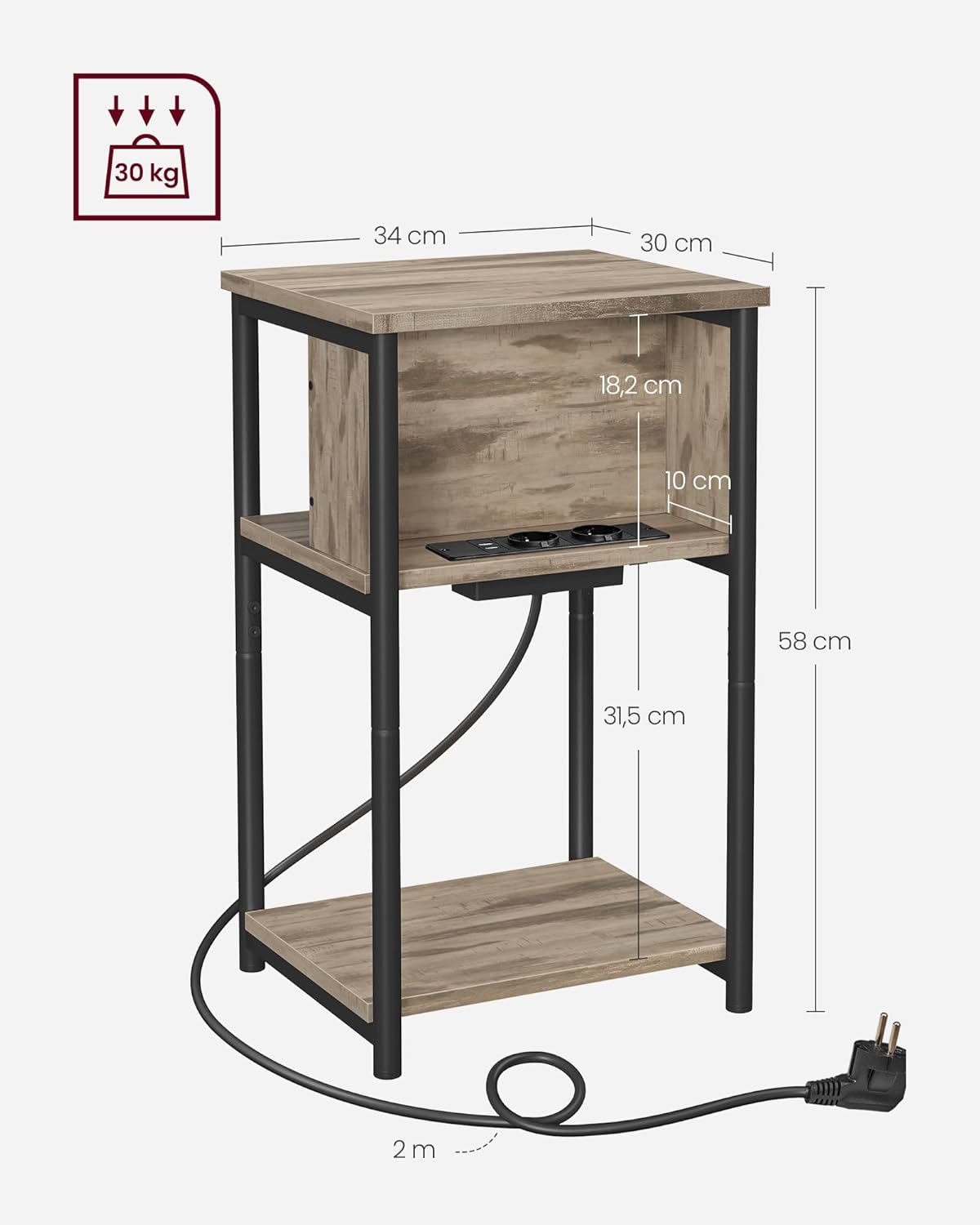 VASAGLE - Table d'appoint LET375K01 - 30x34x58cm - multiprise, 2 USB, 2 CA, marron-noir LET375K01