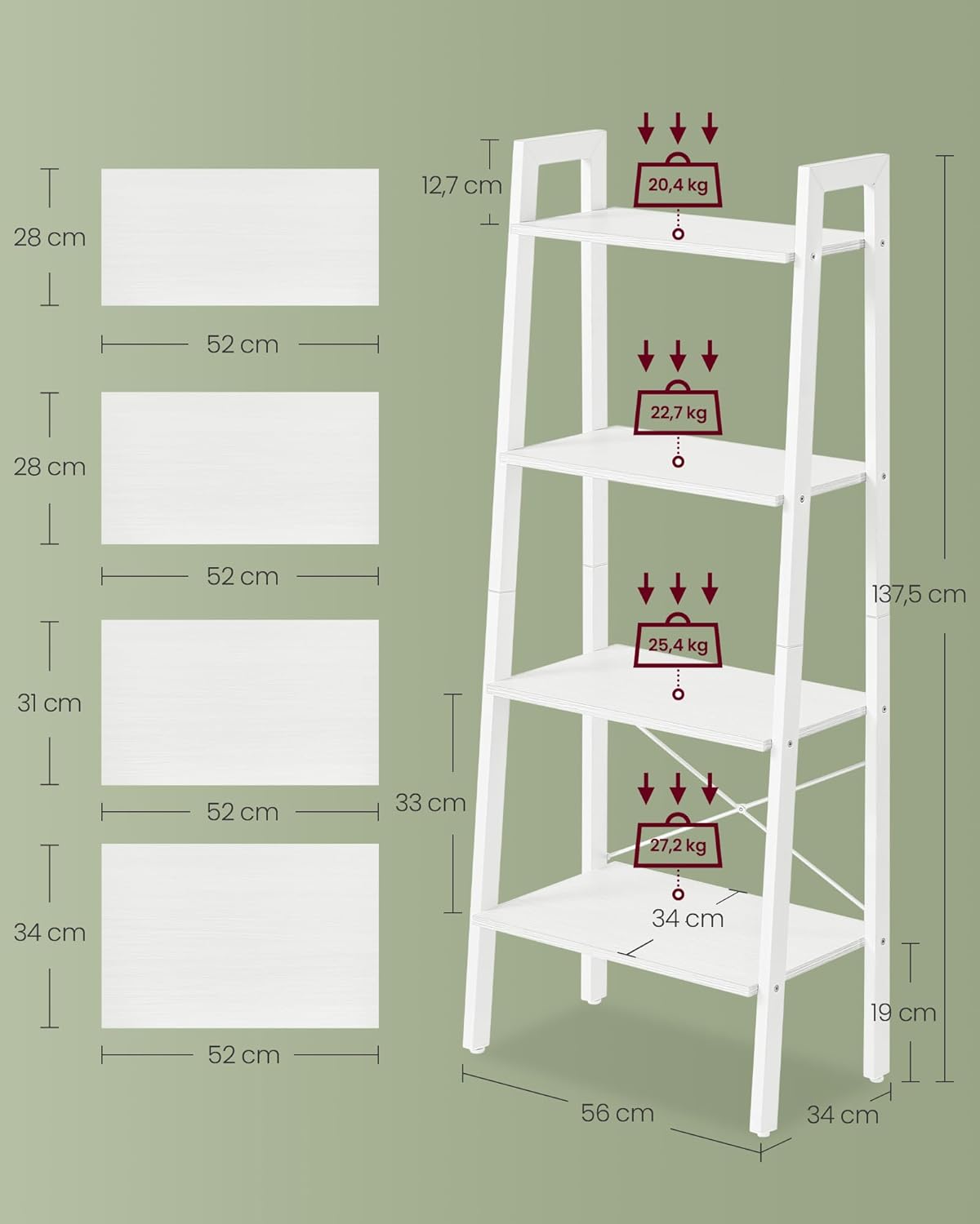 VASAGLE - étagère 4 niveaux rangement acier, blanc érable, LLS044W44