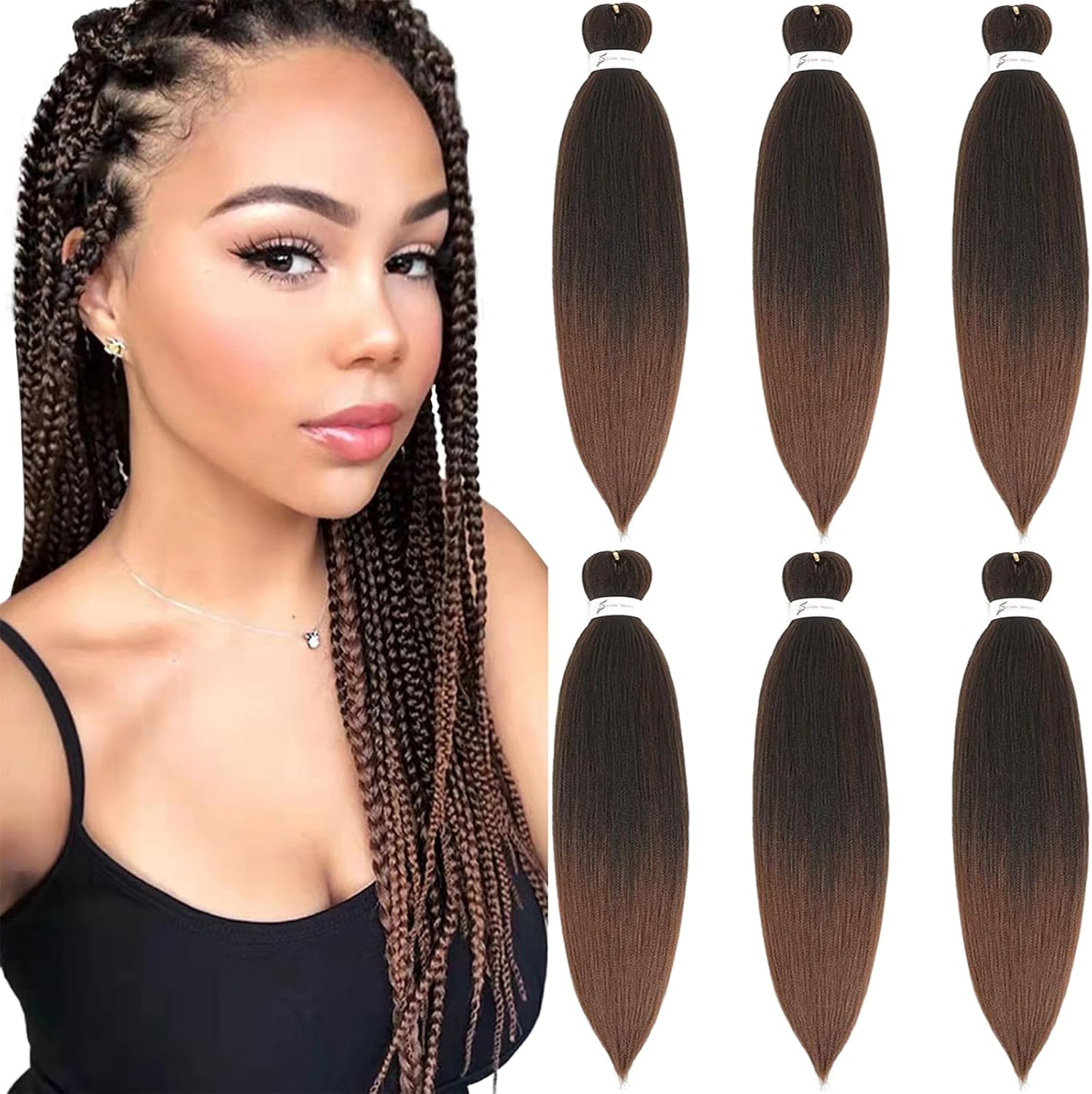 Extensions de cheveux tressés courtes 20” brunes ombrées lisses 6 paquets T1B/30#