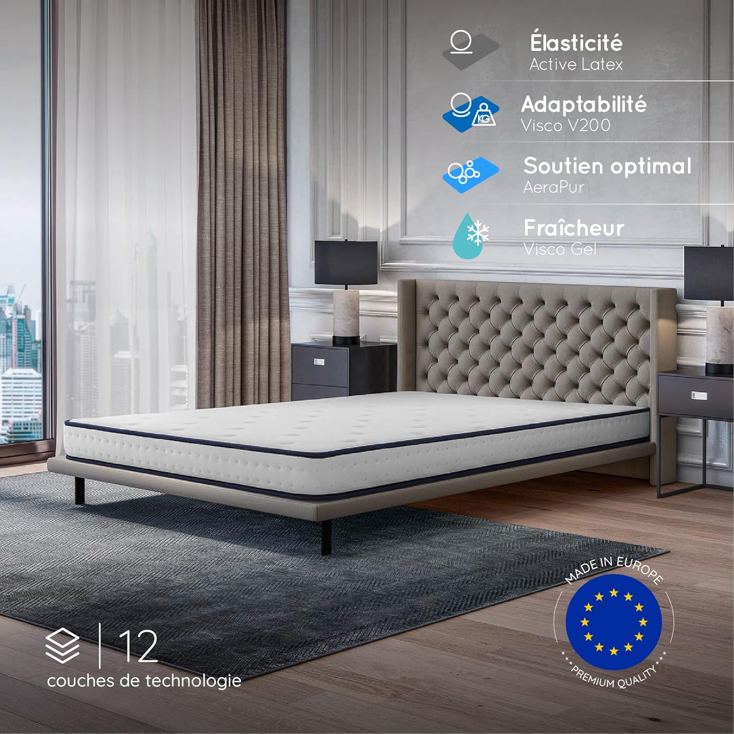 COSMOS - Upsilon - matelas 140x200, mémoire de forme, latex, 15cm, 7 zones, réversible