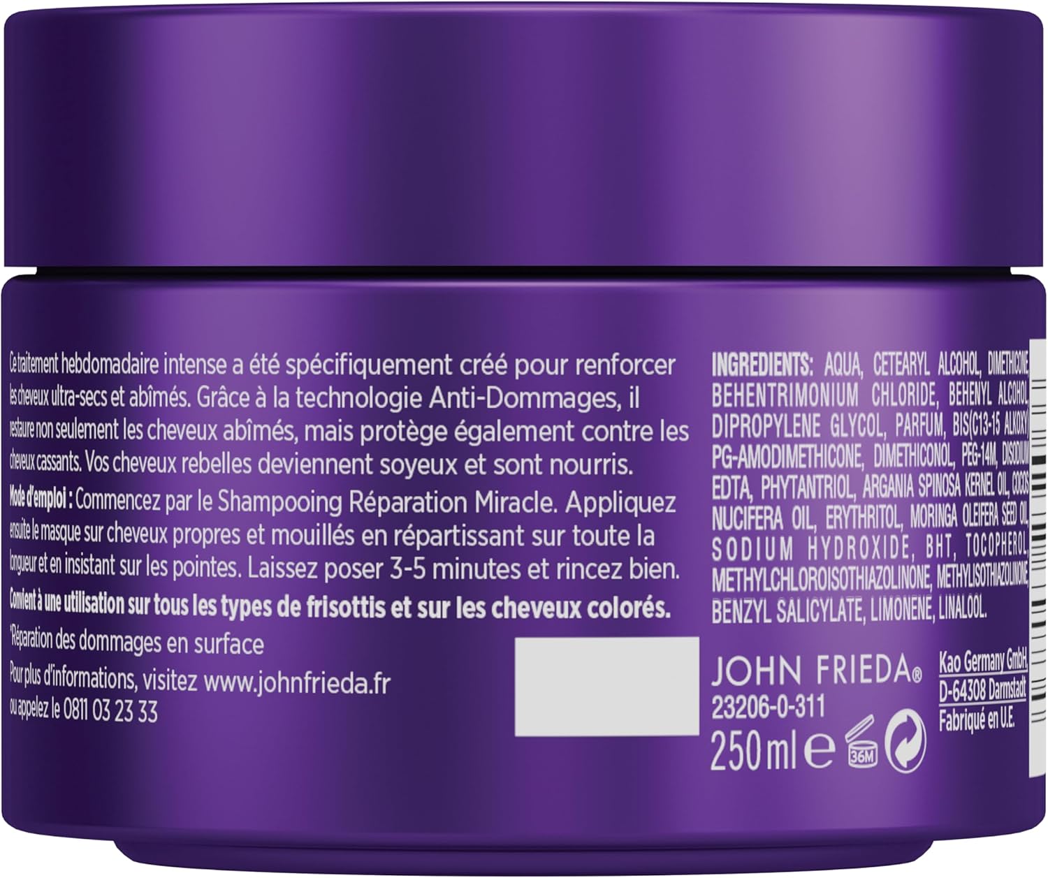 John Frieda - Frizz Ease Masque Réparation Intense 250ml - cheveux très abîmés