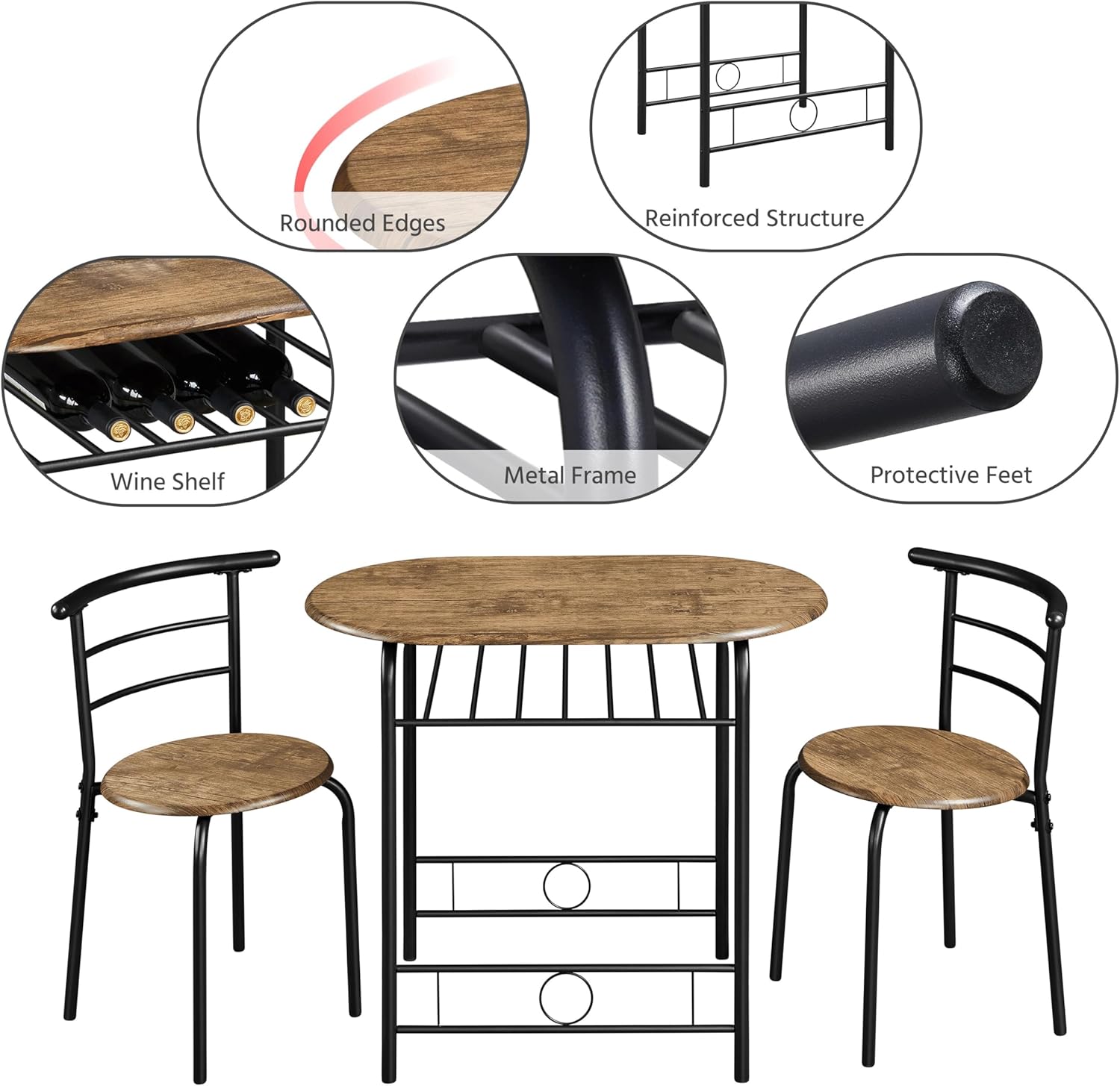 Yaheetech - Ensemble table ronde 3 pièces - 90x53x75,5 cm - bois MDF métal, porte-bouteilles