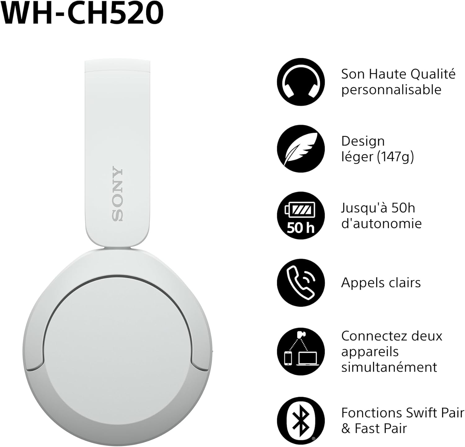 Sony - WH-CH520 - casque sans fil léger, Bluetooth, 50h autonomie