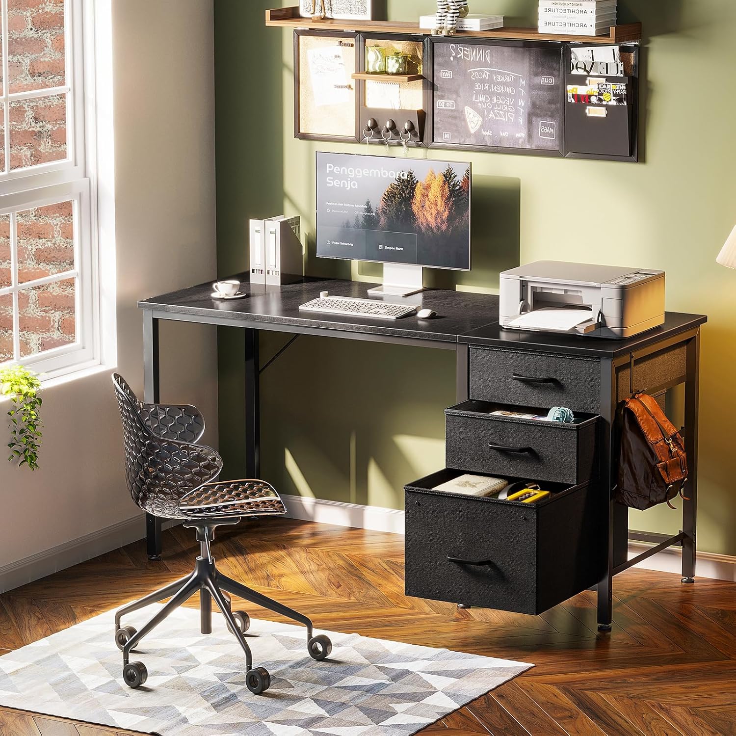 Coleshome - Bureau 120x48cm - 3 tiroirs tissu, porte-casque, réversible