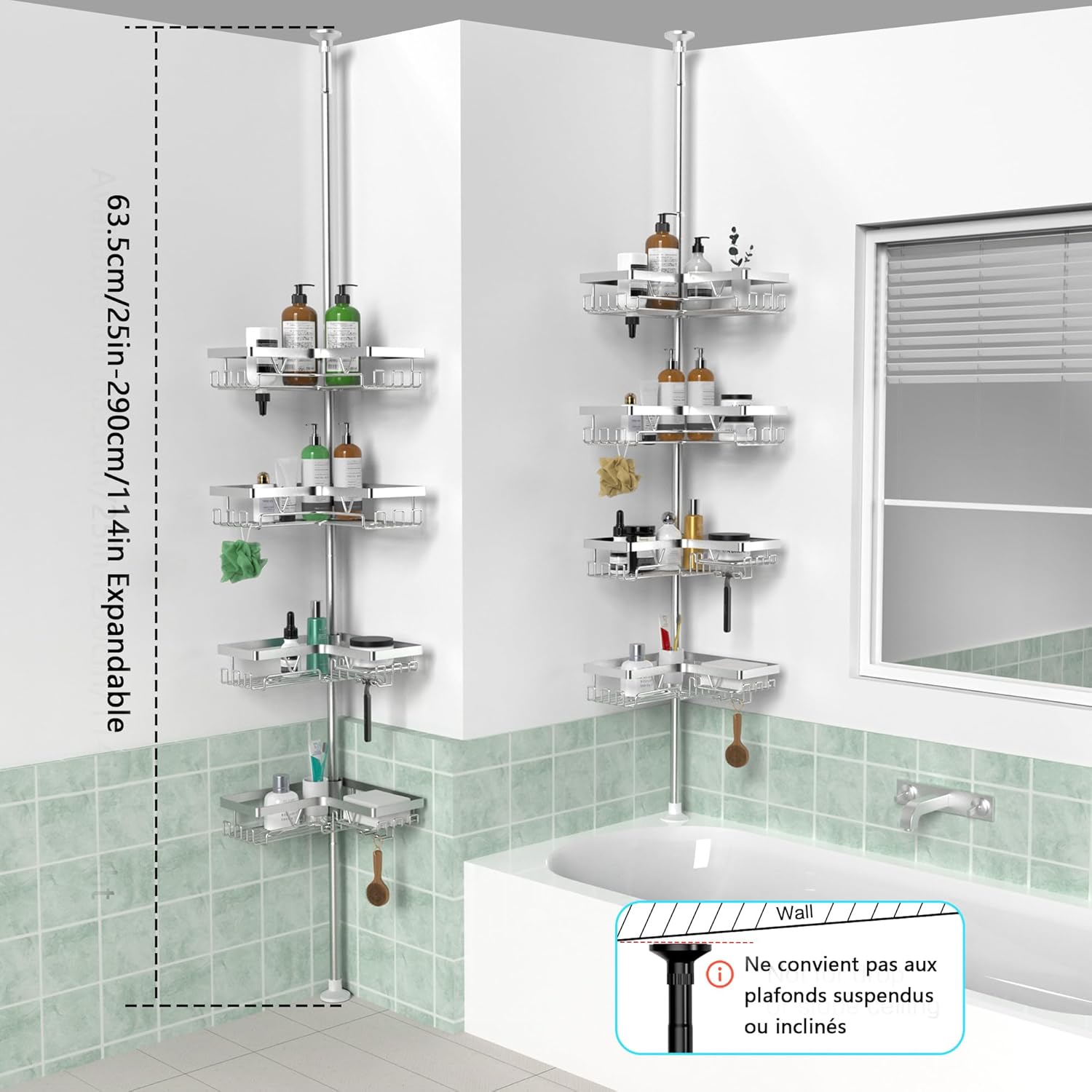 Kegii - étagère douche télescopique, 4 paniers réglables, argent