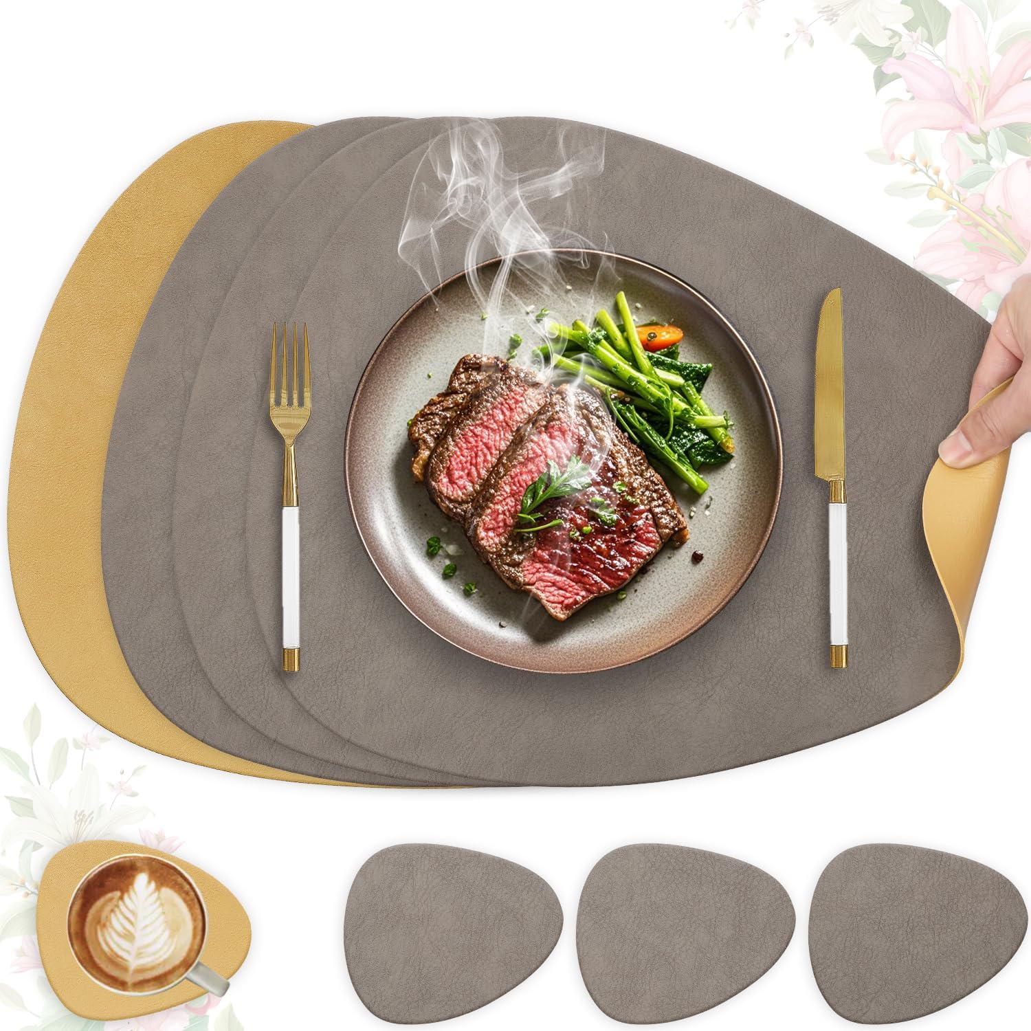 Set de table - lot de 4, cuir PU double face, 41x33cm, antidérapant