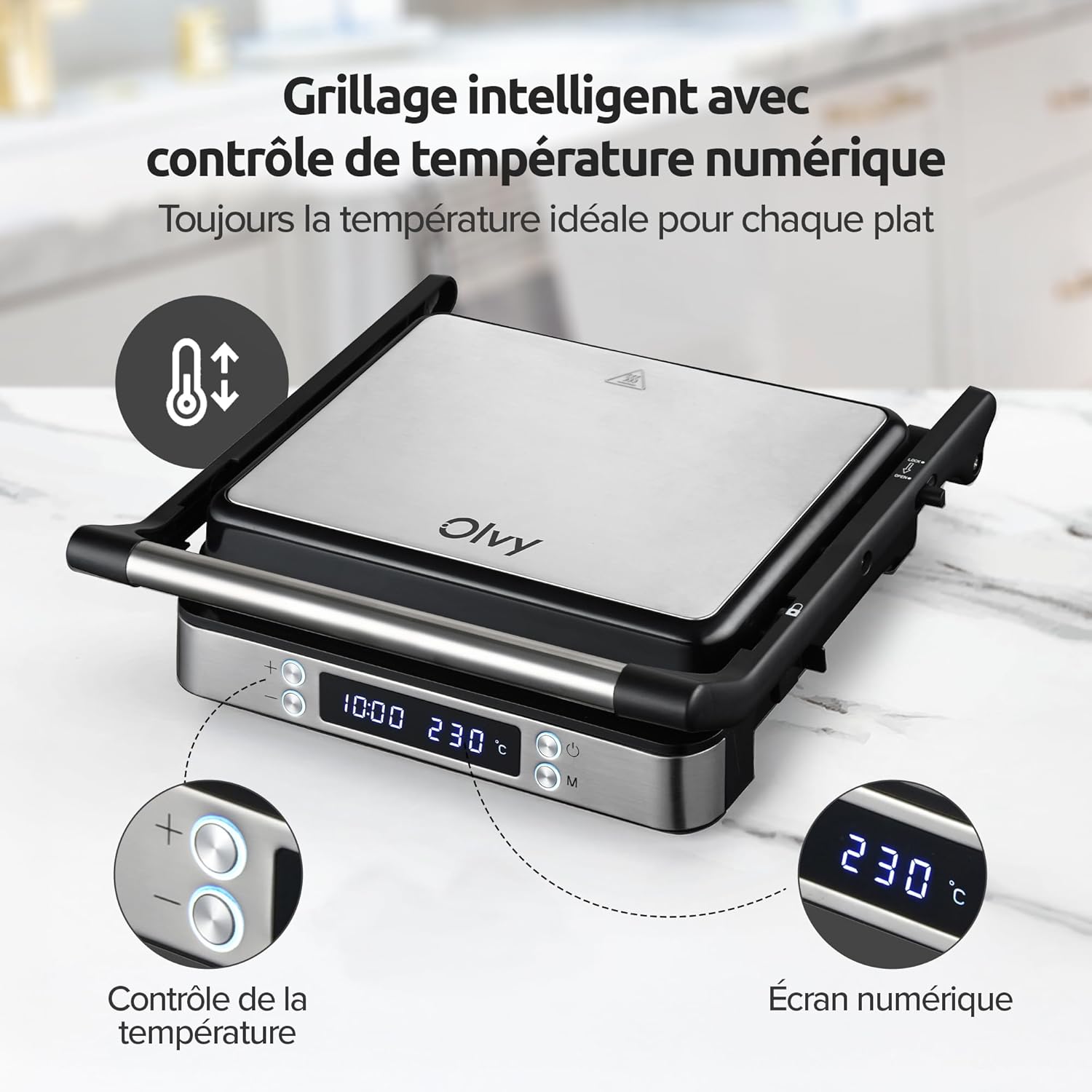 Olvy - Appareil 3-en-1 XXL - 2000W - plaques antiadhésives, ouverture 180°, température réglable, minuterie