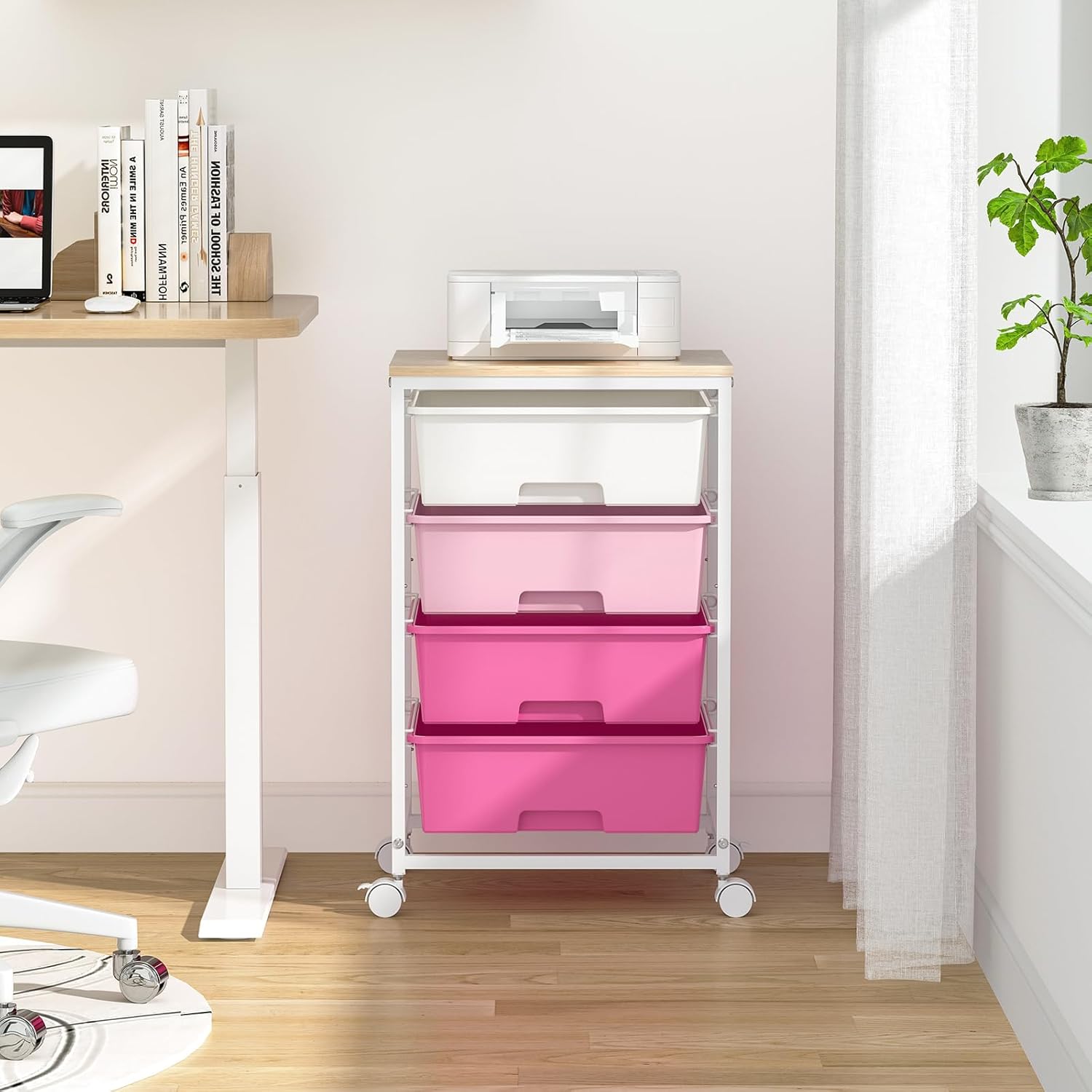 Chariot de rangement 4 tiroirs, plateau bois, roulettes, grande capacité, rose