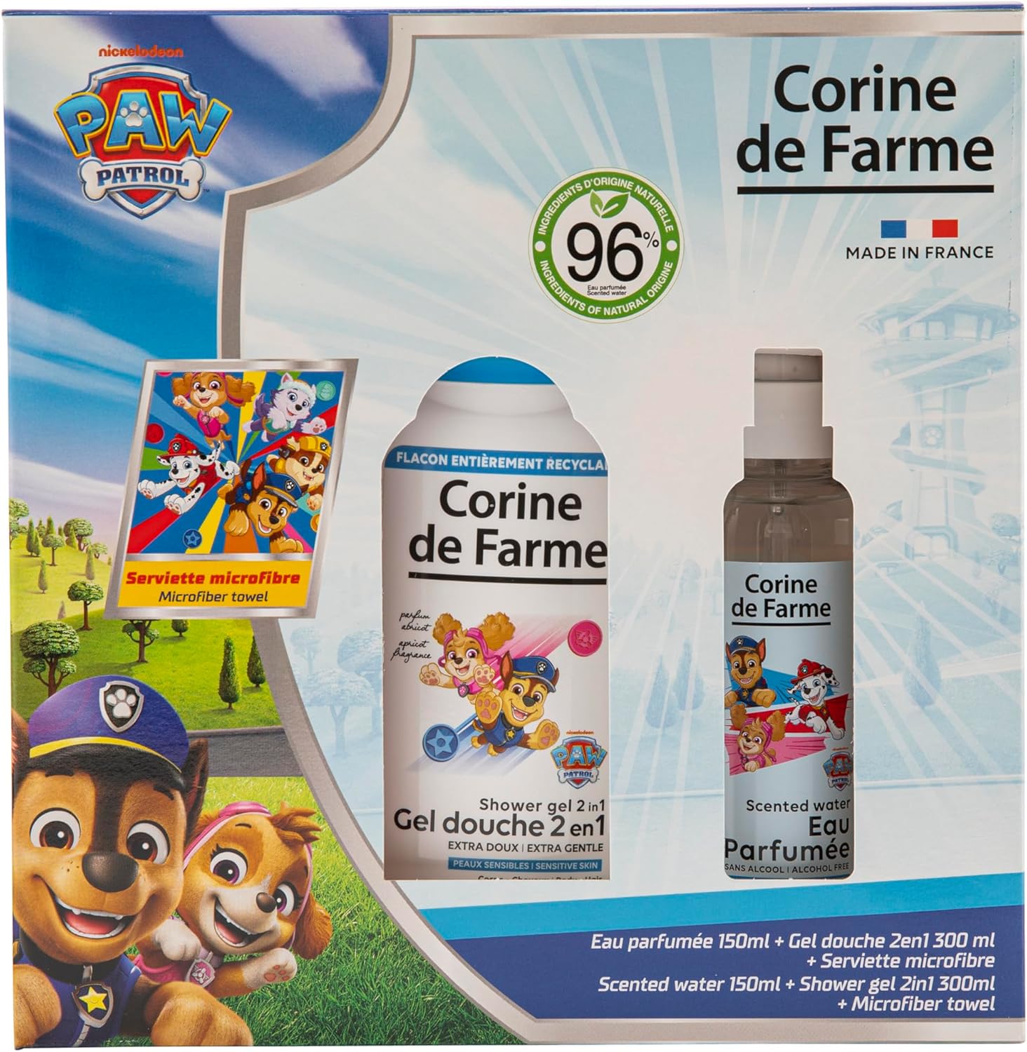 Corine de Farme - Pat Patrouille - 150ml/300ml/30x30cm - Eau parfumée musc fruité, gel douche 2en1 abricot, serviette, 9