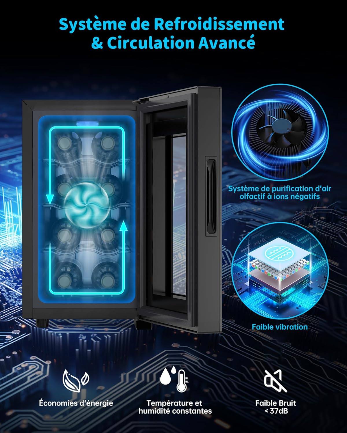 WIE - Cave à vin 8 bouteilles, 23L, façade miroir, écran tactile, ultra-silencieuse