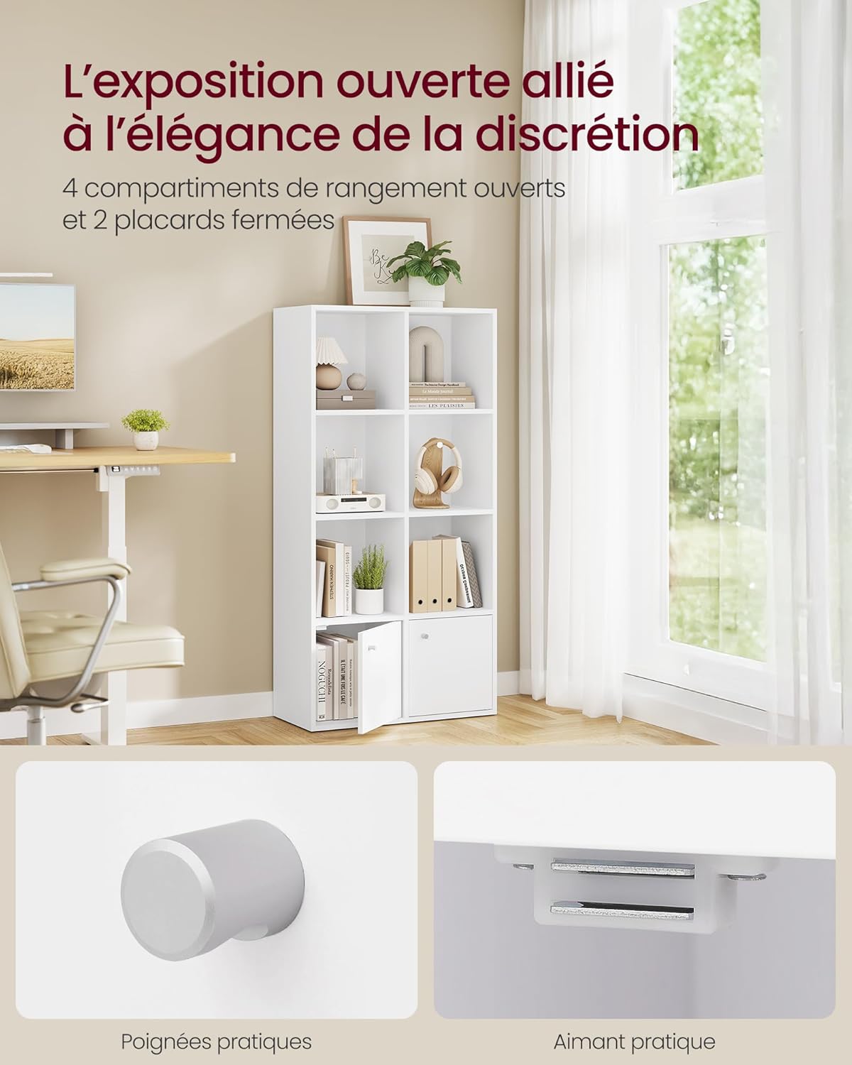 VASAGLE - Bibliothèque (serie LB) - 29x65,8x130cm - 4 niveaux, 2 placards, blanc LBC508WB01