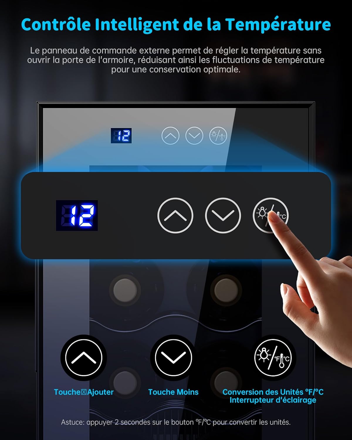 WIE - Cave à vin Mini - 33L - 12 bouteilles, miroir, LED, écran tactile