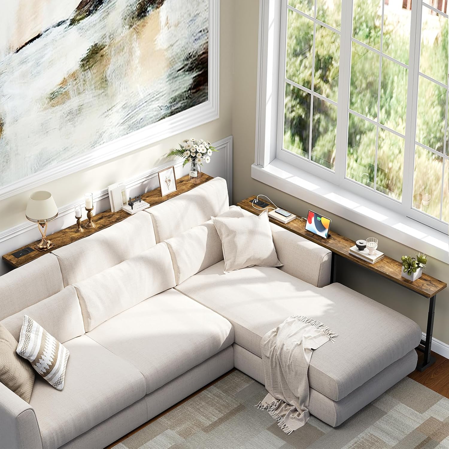 Table console longue - style rustique, 180cm, avec multiprise, prise USB/USB-C, XCT08CBR