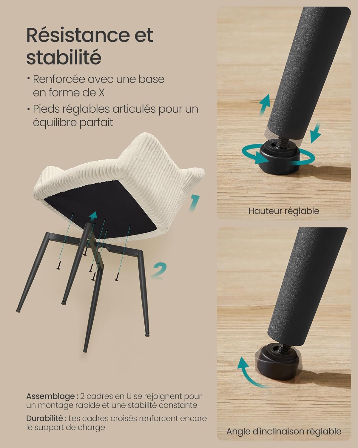 SONGMICS - chaises velours salle à manger, accoudoirs, 120kg, LDC087WD01-2J