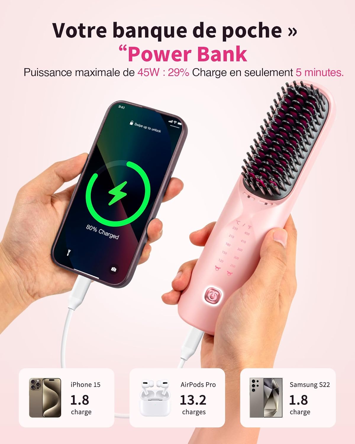 Bopcal - Brosse Lissante Sans Fil 3-en-1, 30s Chauffage, Powerbank, 10000mAh