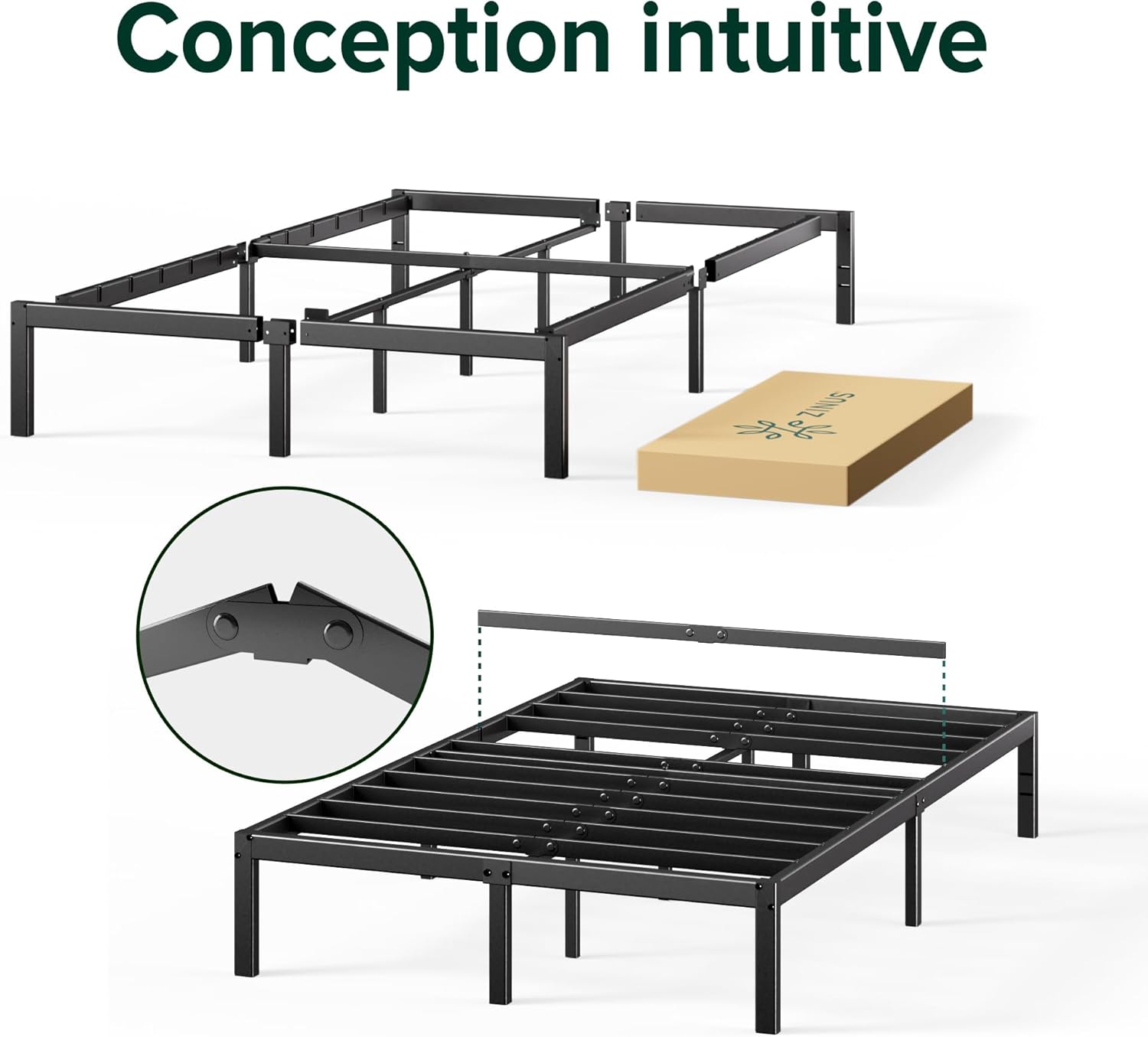 Zinus - Elias - 140x190 cm - sommier métal, haut, montage facile