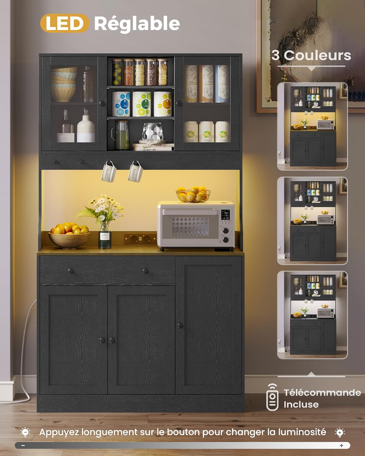 Meuble buffet cuisine - 103,5x40x180 cm - LED, multiprise, rangements