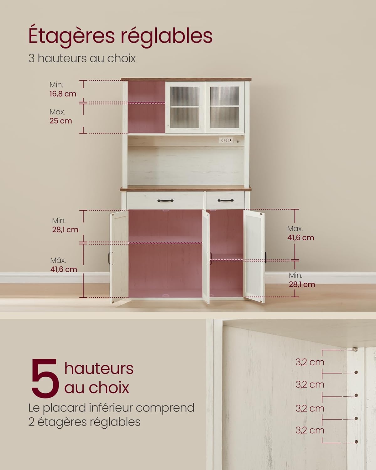 VASAGLE - meuble de rangement campagne 39,5x106,5x180,6cm LED chargeur BBK391W02