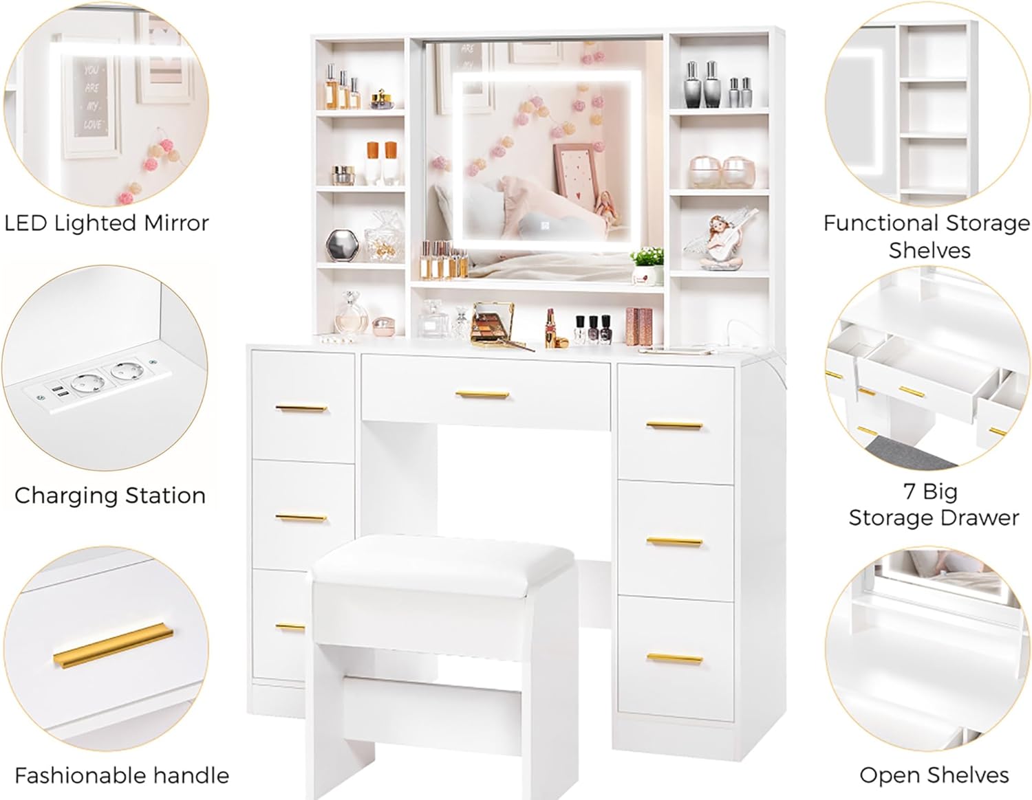 ANWBROAD - Grande coiffeuse LED, 140x100x40cm, 7 tiroirs, miroir, BDT65W