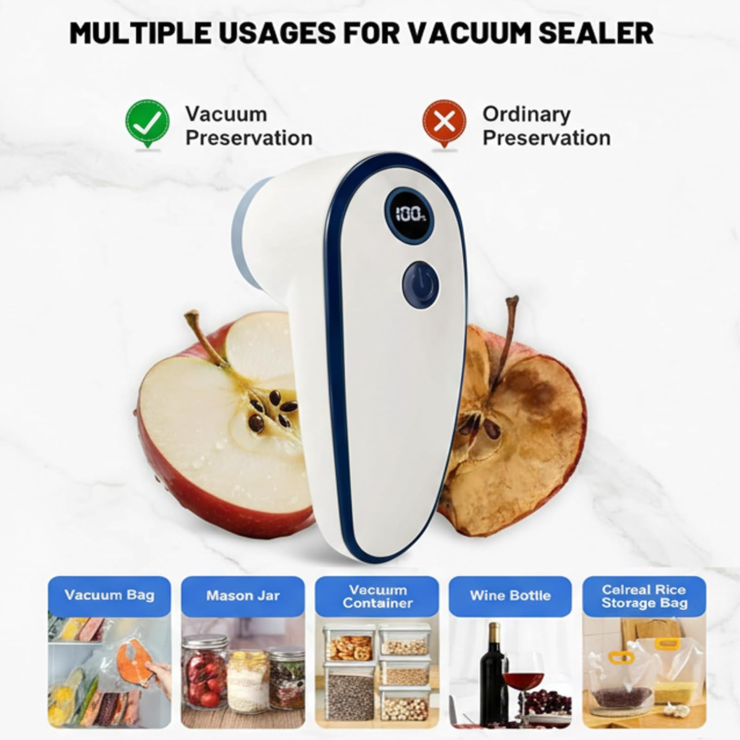 Pompe à vide alimentaire électrique - mini sans fil, 15 sacs, USB-C, 60 kPa