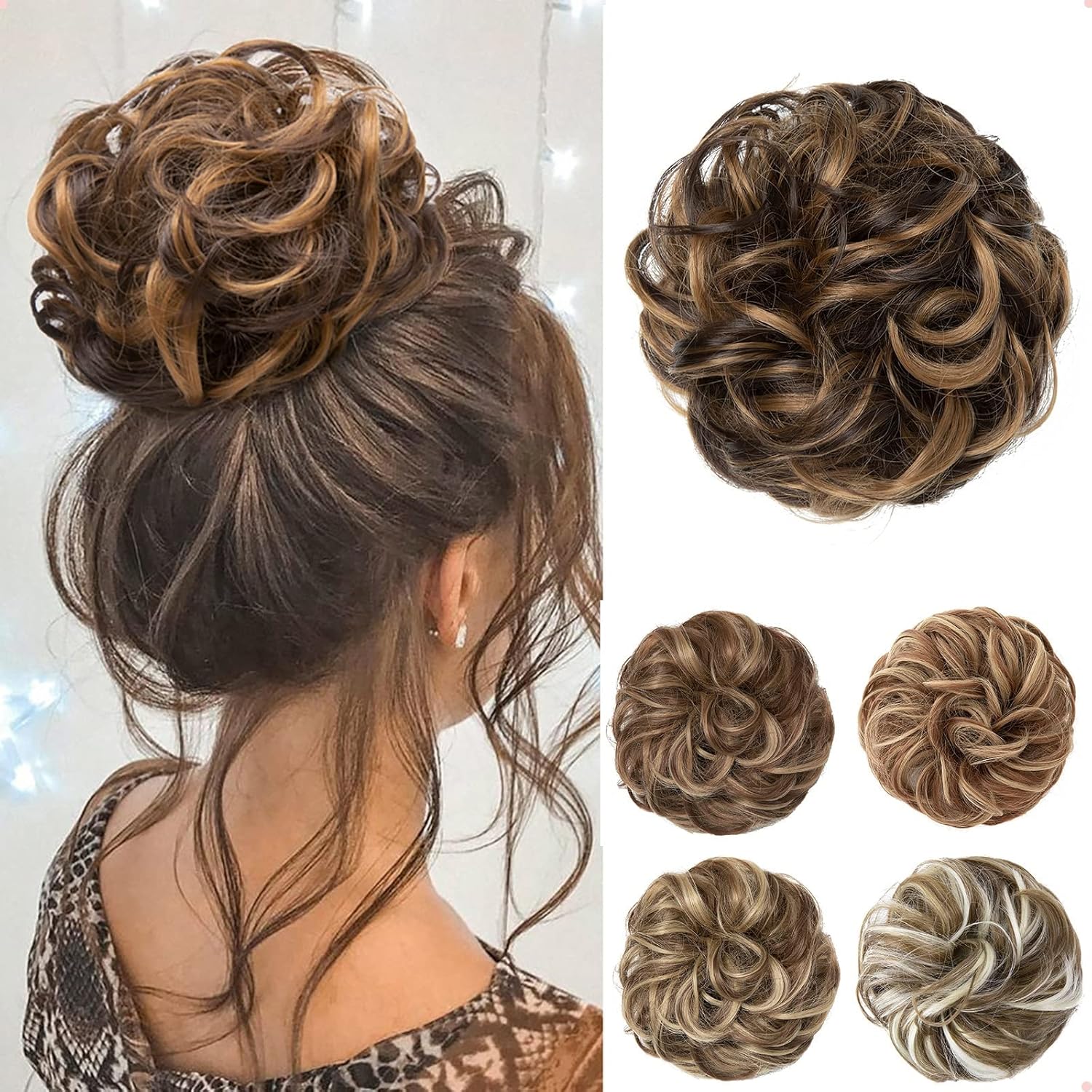 JJstar - Chignon Postiche bouclé/ondule, élastique, brun doré, cheveux synthétiques
