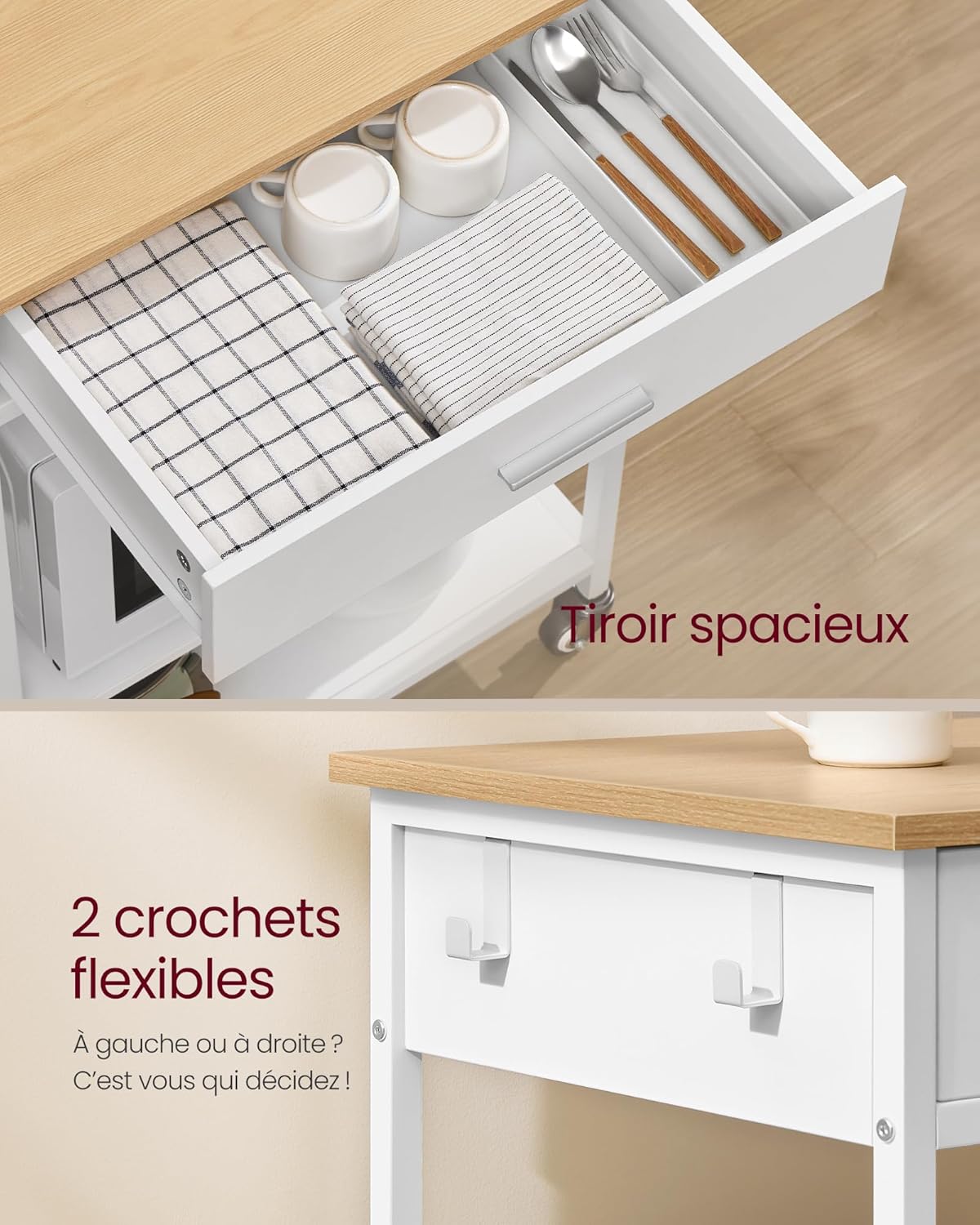 VASAGLE - îlot cuisine mobile, 45x60x90 cm, tiroir, crochets, KKI007Y01