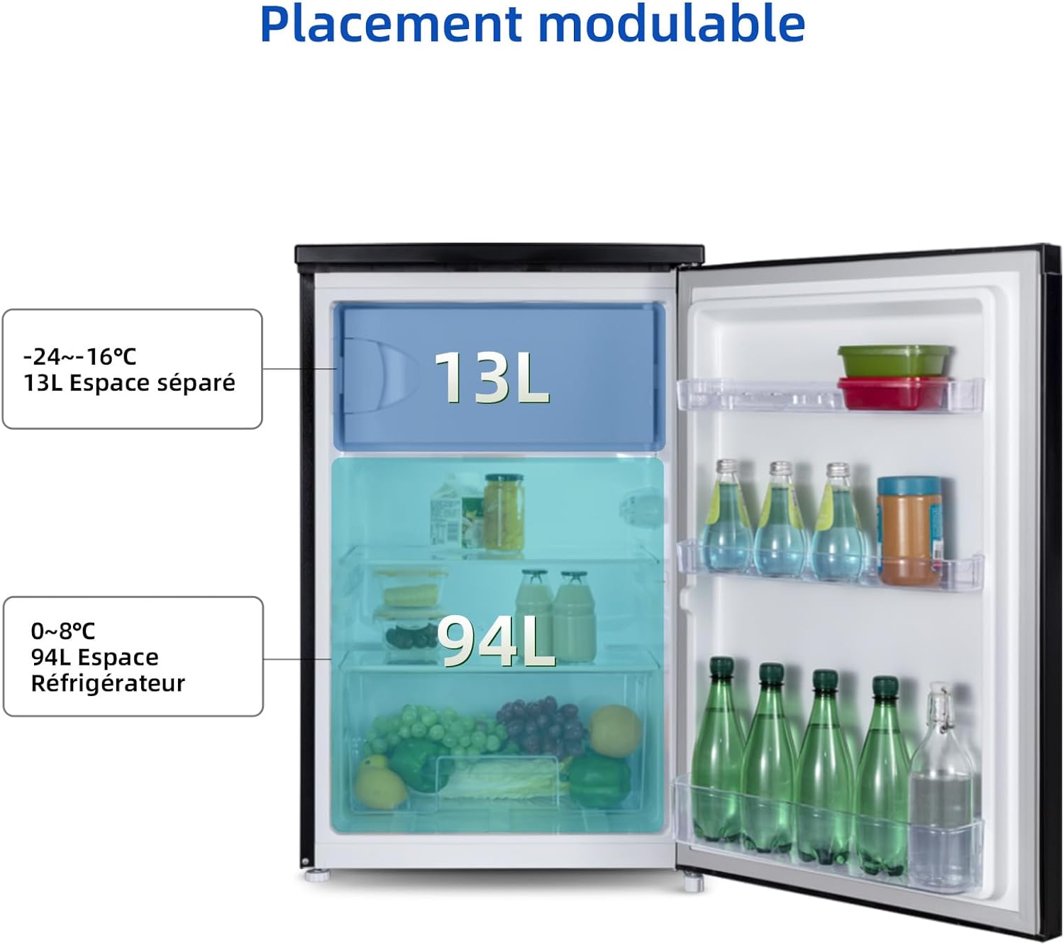 CHIQ - Réfrigérateur congélateur série 107L - ultra silencieux 39dB, porte réversible, classe D