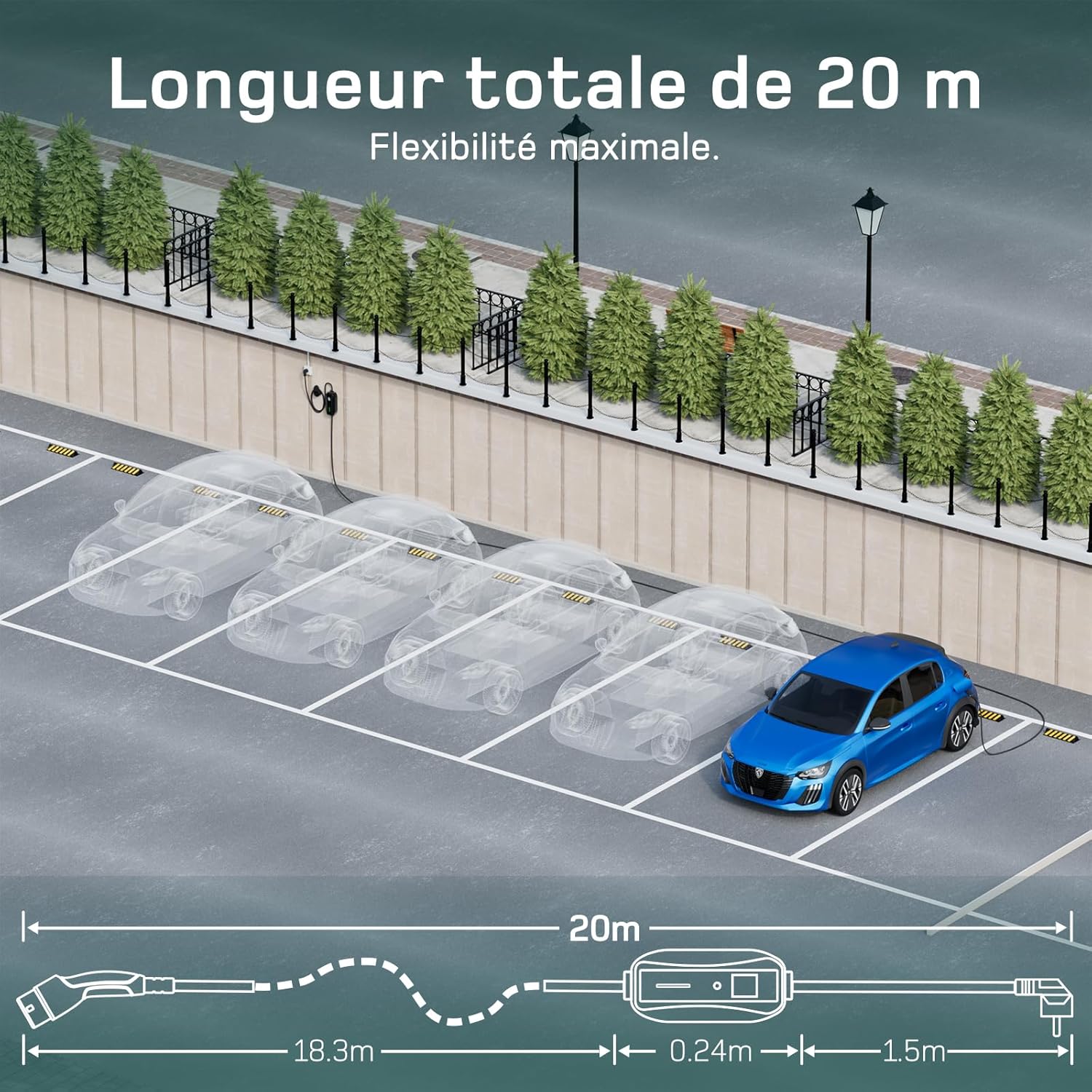 Chargeur voiture électrique - 20m - 3,68kW, LCD, Type 2, 6-16A