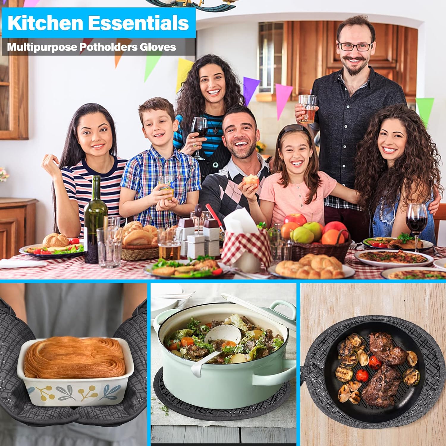 Maniques Cuisine - 2 en 1 - 260°C résistance - silicone antidérapant - noir