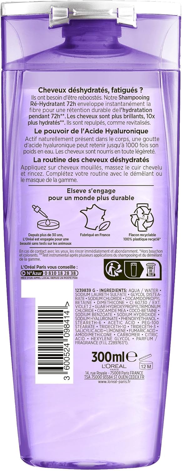 L'Oréal Paris - Elseve Hyaluron Repulp - 3 produits - Hydratation 72H, acide hyaluronique, cheveux déshydratés
