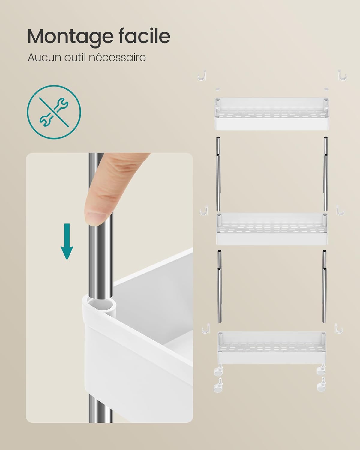 SONGMICS - chariot cuisine 3 niveaux, acier, 42x14,4x60,6 cm, 6 crochets, KSC007W01