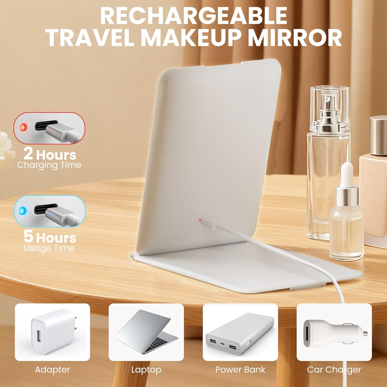 Miroir de maquillage LED - 72 LED, 1500mAh, 3 modes, pliable, portable