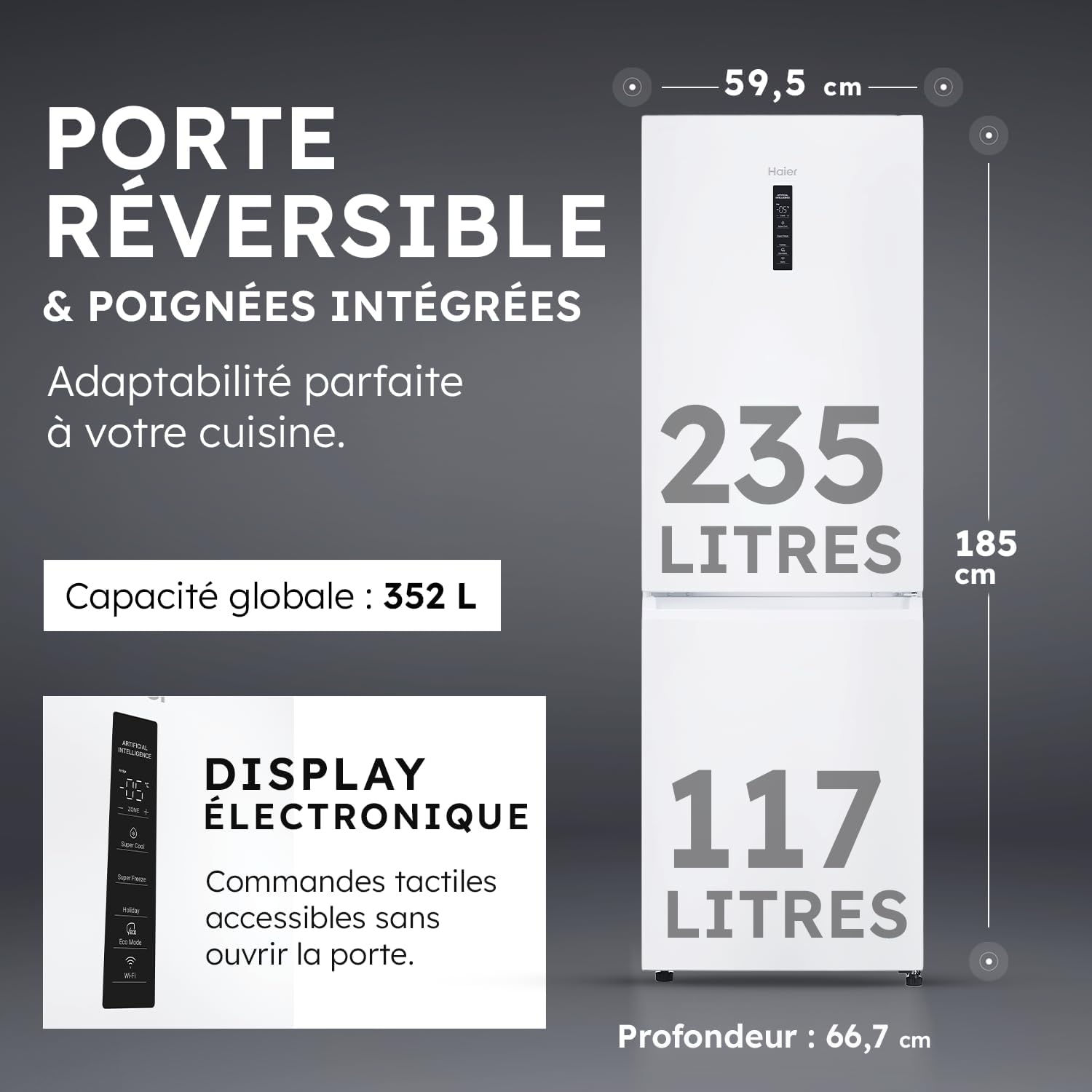 Haier – combiné blanc – 235L+117L, No Frost, classe D, 185x59,5x66,7 cm – HDPW5618DNPW