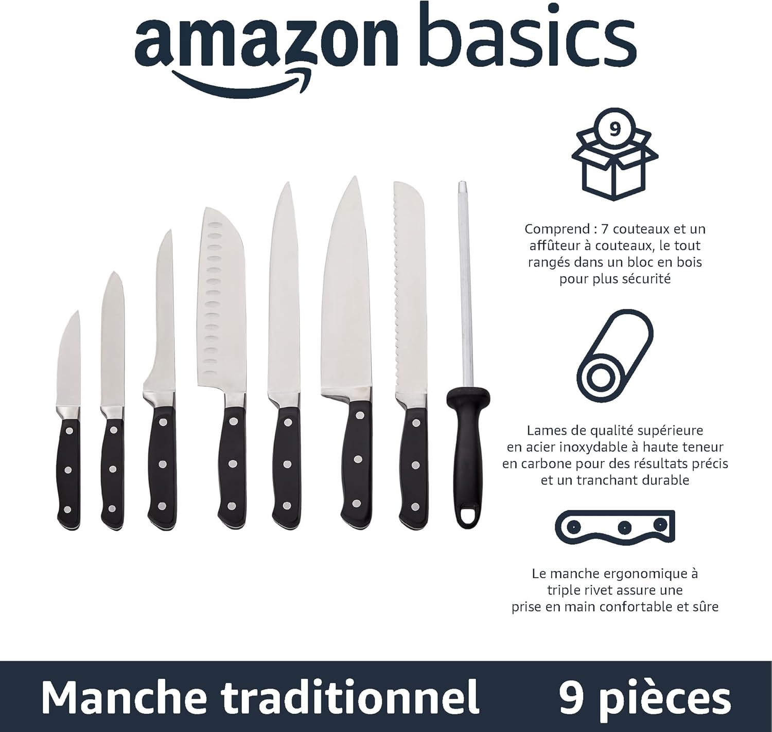 Amazon Basics - Bloc couteaux 9 pièces - Compact, polyvalent, noir