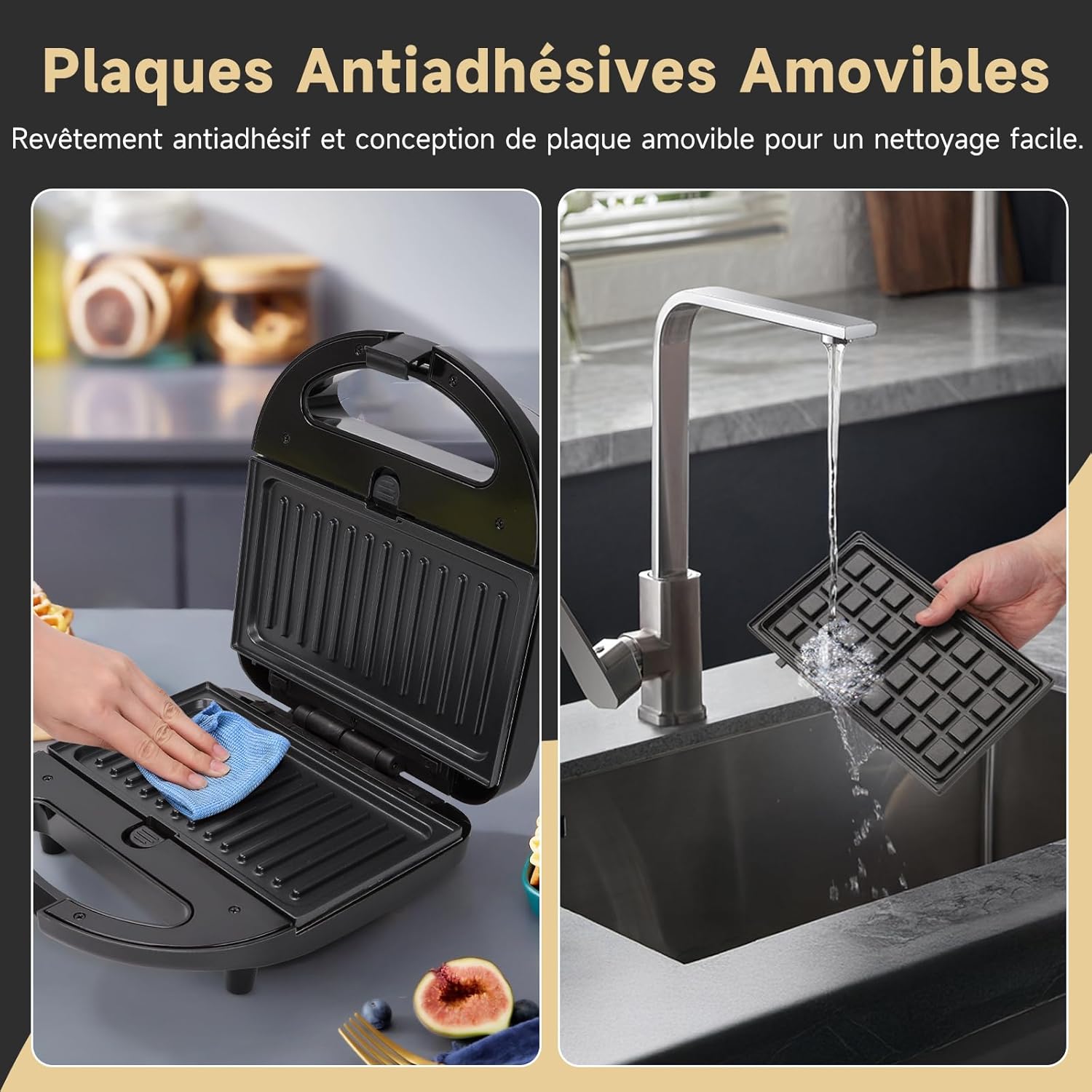 Aigostar - Gaufrier 3-en-1 - 750W - plaques antiadhésives, thermostat auto