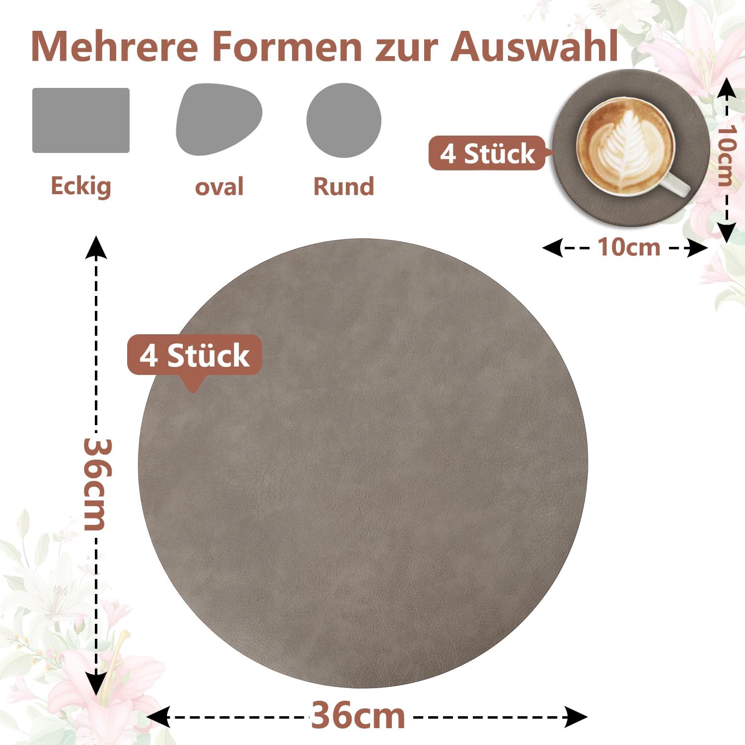 Set de table - lot de 4, cuir PU, 36x36cm, lavable, antidérapant