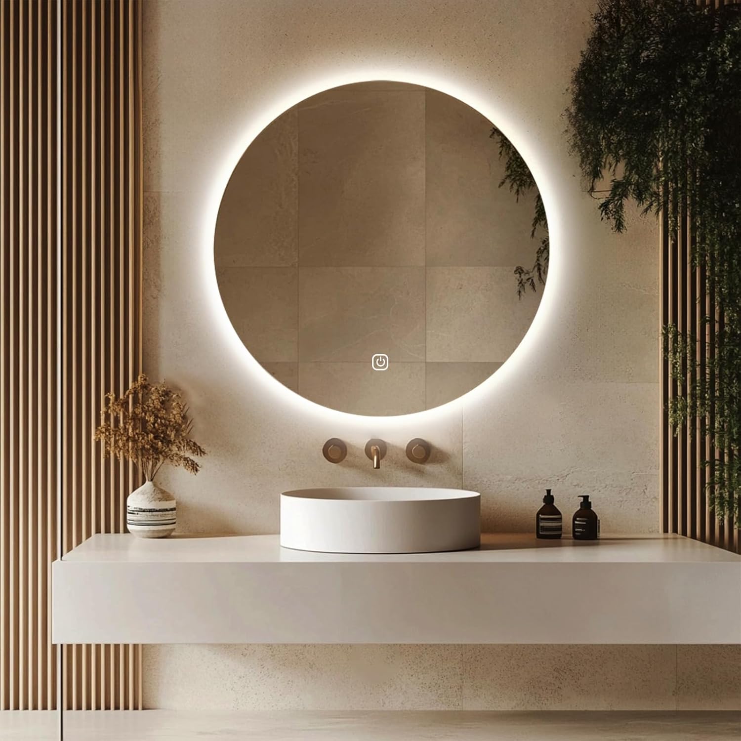 Miroir salle de bain - rond 80 cm - LED, 3 couleurs, tactile, dimmable
