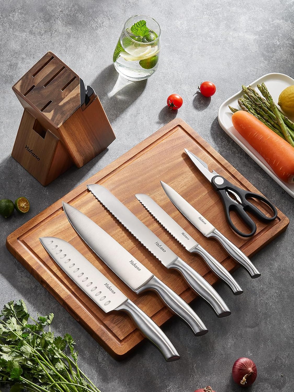 Yabano - Bloc couteaux 7 pièces inox allemand, aiguiseur, ciseaux inclus